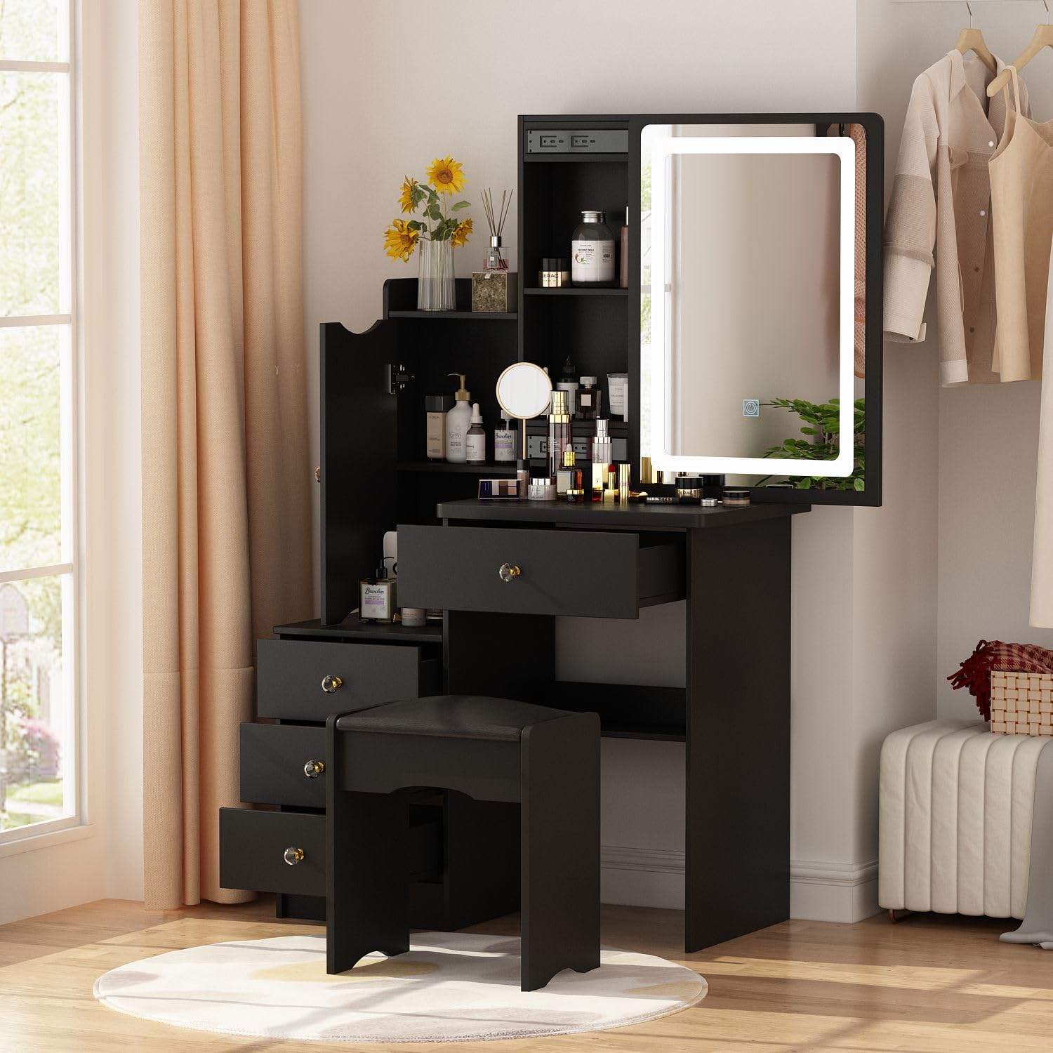 FAMAPY Black Vanity Mirror with LED Lights - Makeup Vanity Desk Set with Sliding Mirror, Storage Drawers & Crystal Handles, Includes Cushioned Stool - Perfect for Bedroom, Dressing Room & Beauty Salon