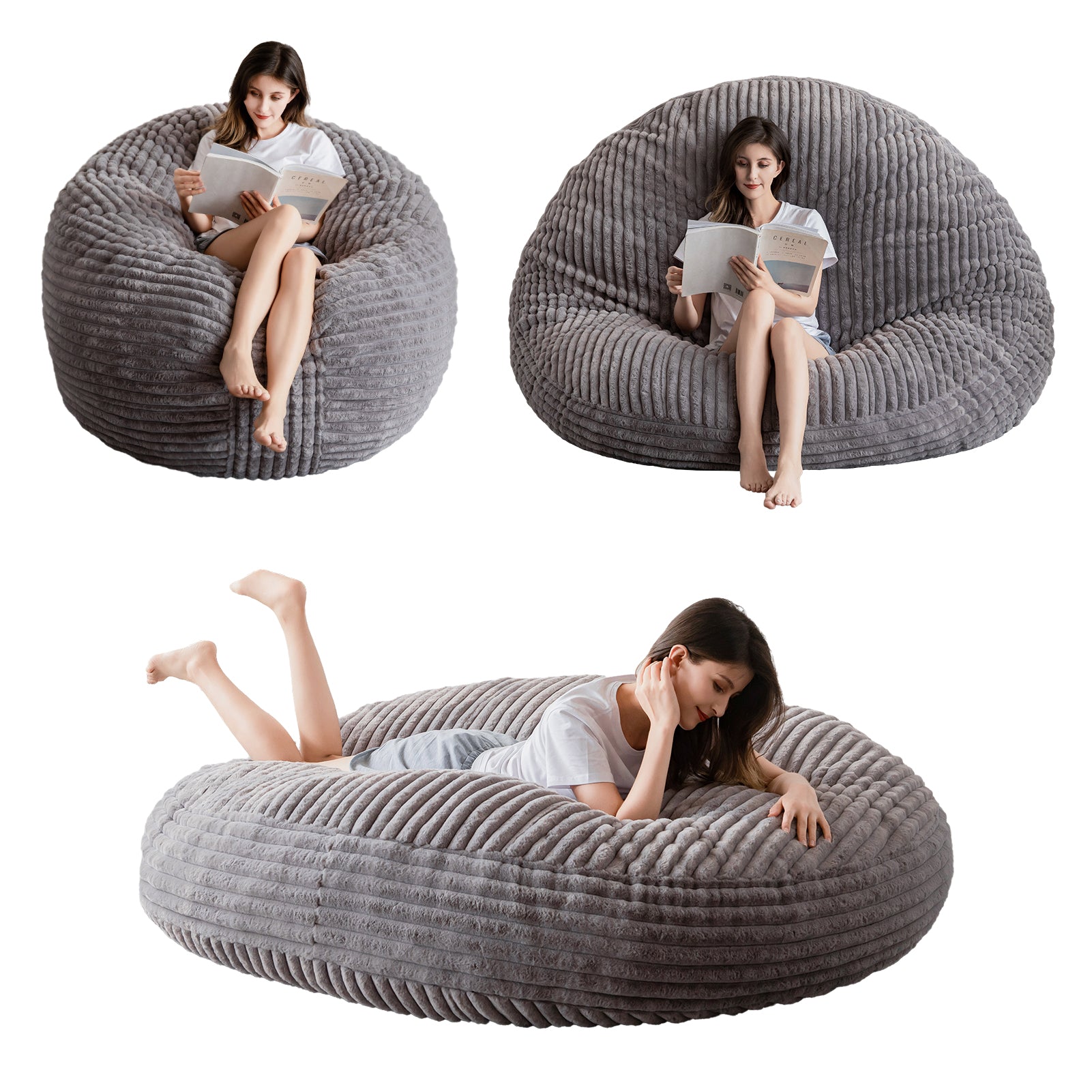 MAXYOYO Giant Bean Bag Chair for Adults - Round Soft Striped Faux Fur Bean Bag in Grey | Large Comfortable Lounge Chair for Living Room, Bedroom, Game Room & Dorm
