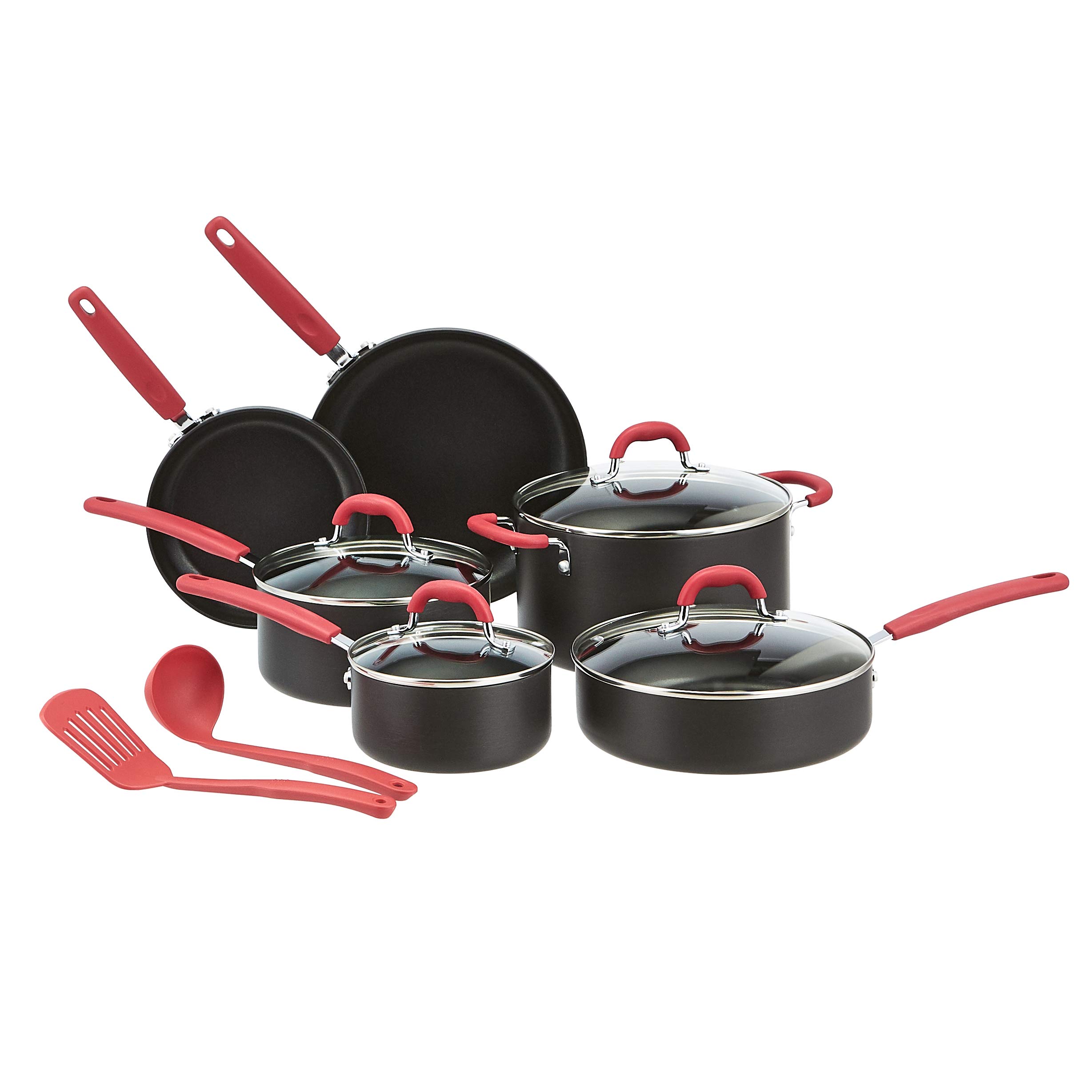 Amazon Basics Hard Anodized Non-Stick 12-Piece Cookware Set - Red Pots, Pans & Utensils for Cooking, Frying & Baking | Durable Kitchen Essentials for Home Chefs