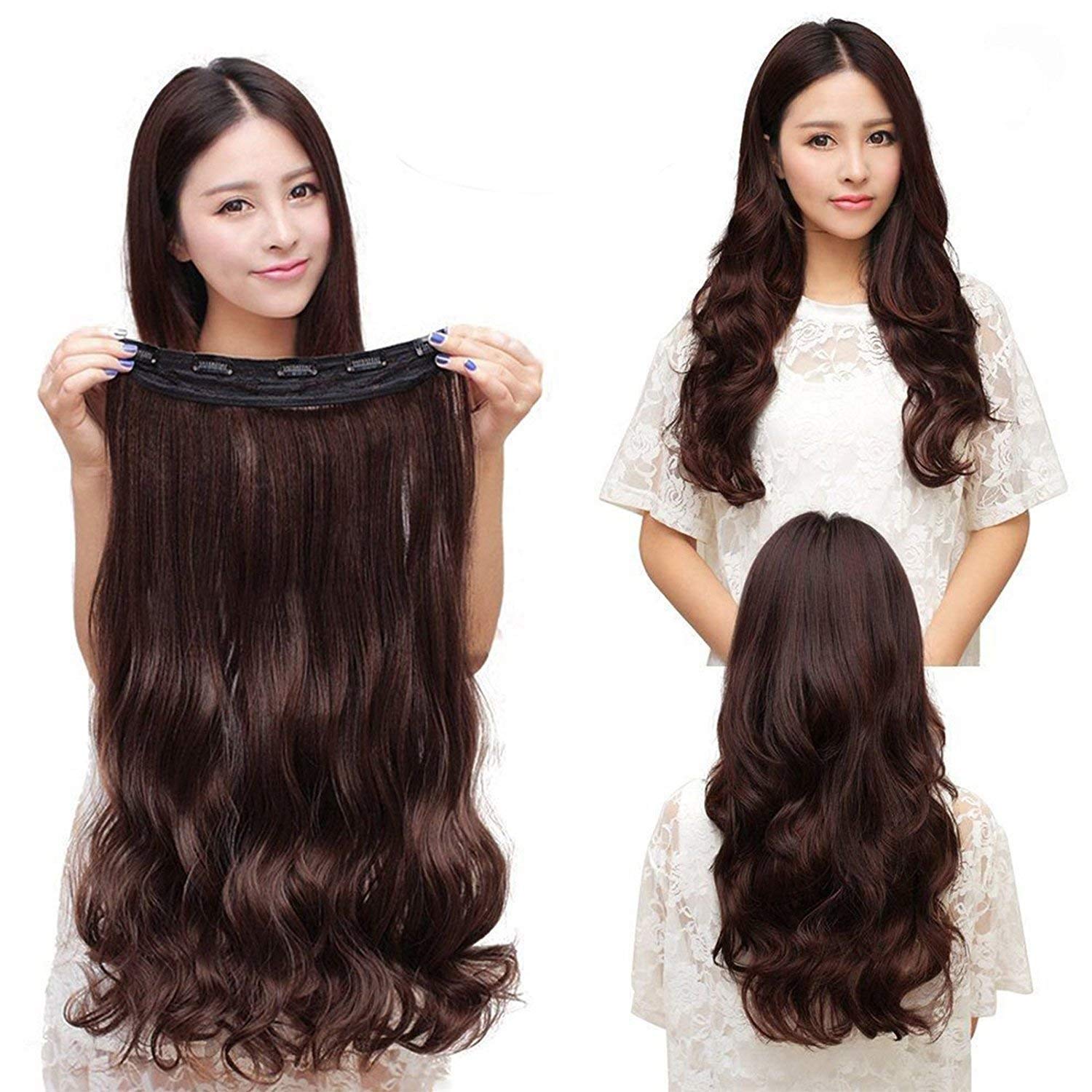 Pema 5 Clip-in Curly/Wavy Synthetic Hair Extensions & Wigs - Natural Brown Color for Daily Wear, Cosplay & Special Occasions