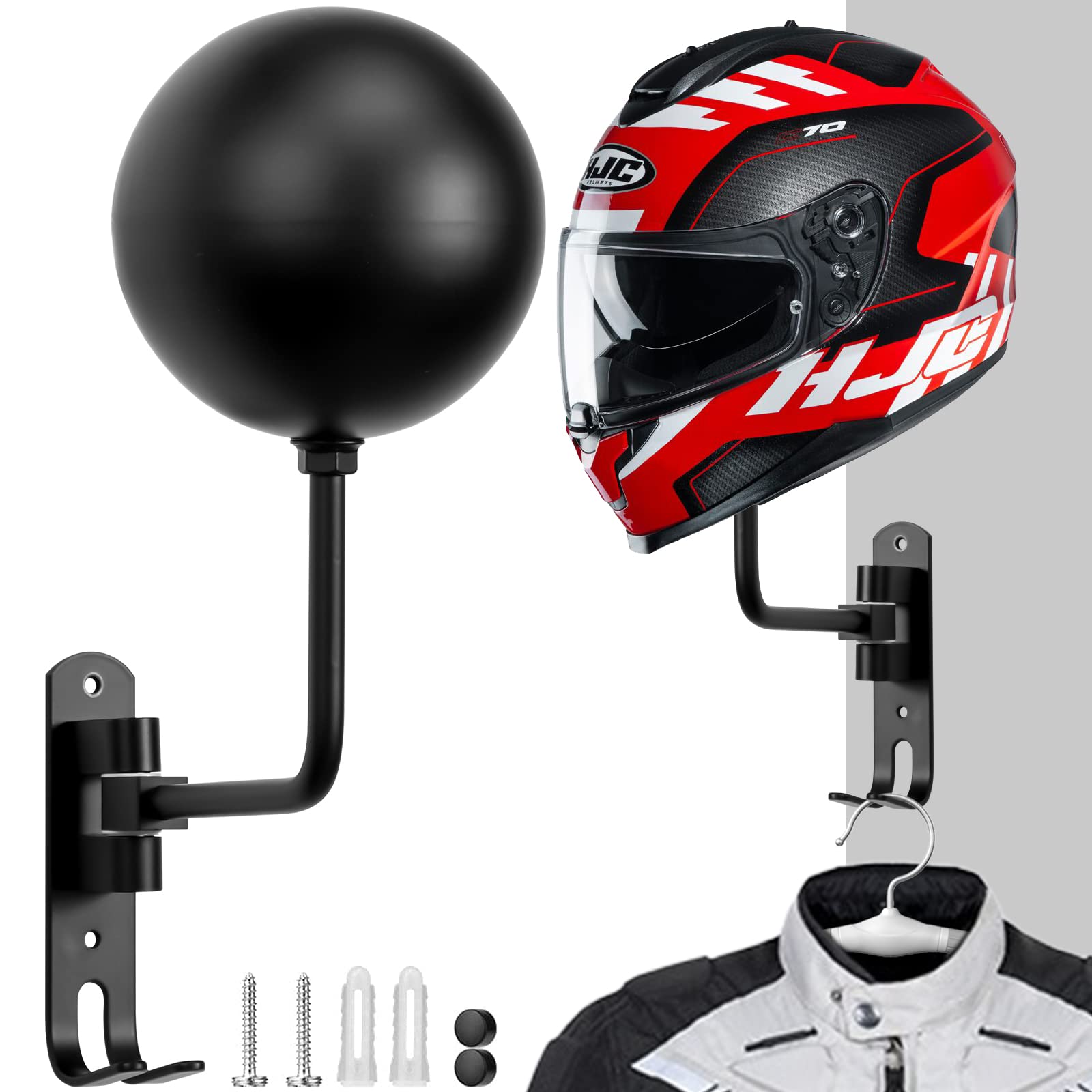 SOUMNS 180 Degree Rotating Motorcycle Helmet Holder Wall Mount - Heavy Duty Bike Helmet Rack with 2 Hooks for Helmets, Coats, Caps & Sports Gear - Perfect for Garage, Bedroom or Entryway Organization