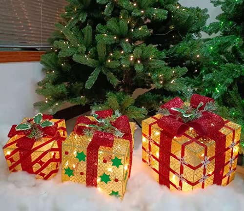 3-Piece Glittering Gift Box Set with LED Lights - Outdoor Christmas Decorations for Porch, Yard, and Holiday Party Decor