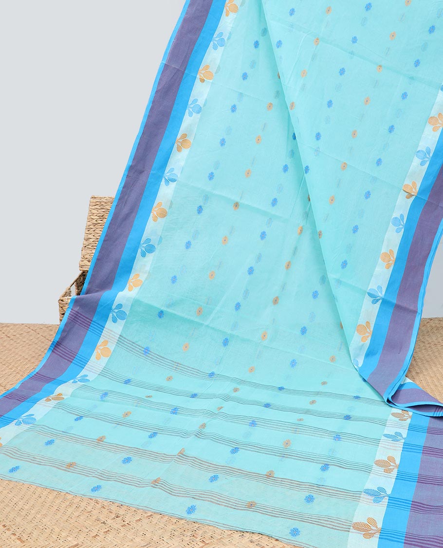 Blue Buttas Bengal Cotton Saree with Contrast Leaf Motifs Border & Striped Pallu - Elegant Traditional Indian Attire for Weddings, Festivals & Special Occasions