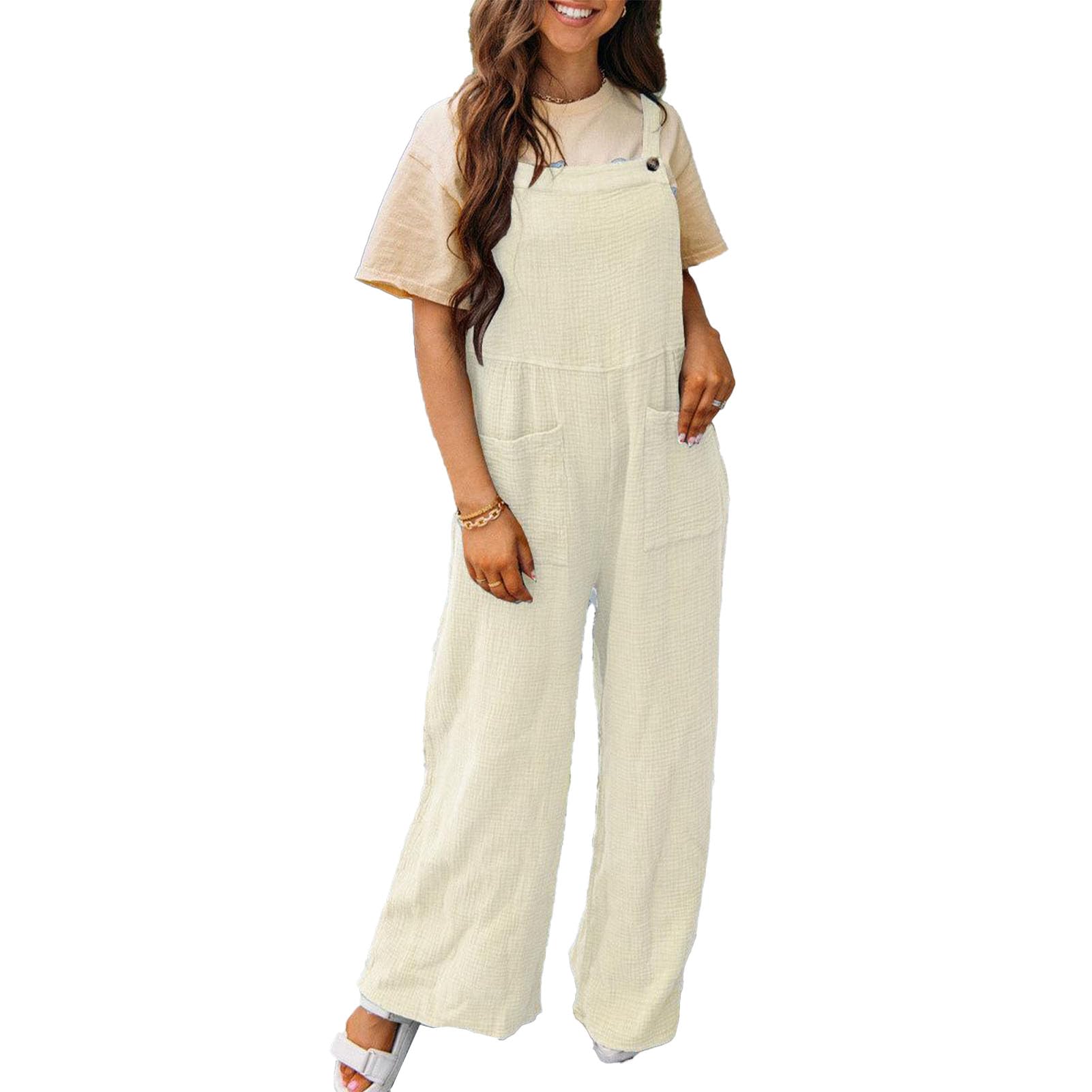Greensen Women's Casual Loose Bib Dungarees - Button Front Sleeveless Overalls Long Jumpsuit with Pockets | Comfortable Baggy Wide Leg Pants for Everyday Wear, Outdoor Activities & Fashion Street Style