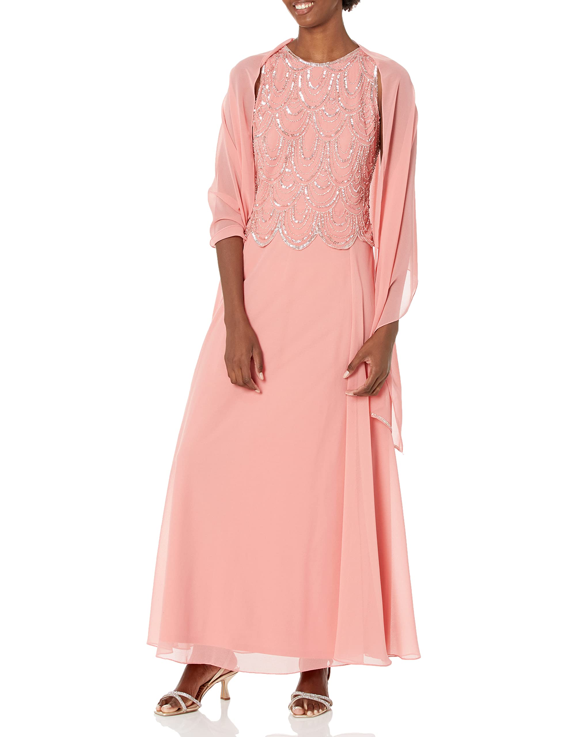 J Kara Women's Elegant Beaded Sleeveless Maxi Dress with Detachable Scarf - Perfect for Beach Weddings, Summer Parties & Boho Fashion