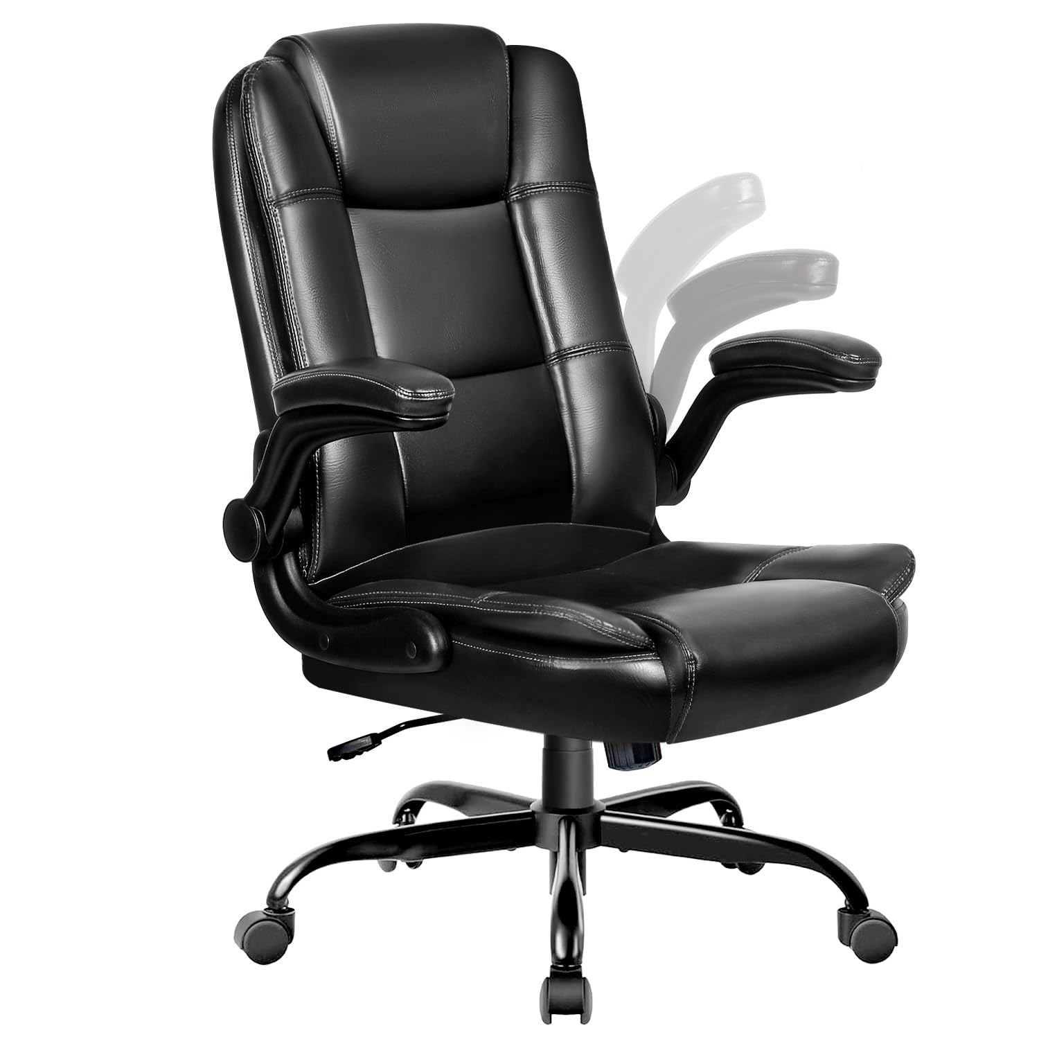 Ergonomic Leather Office Chair - High Back Executive Computer Desk Chair with Lumbar Support & Flip-Up Armrests | Comfortable Home & Office Seating for Long Work Hours | Black