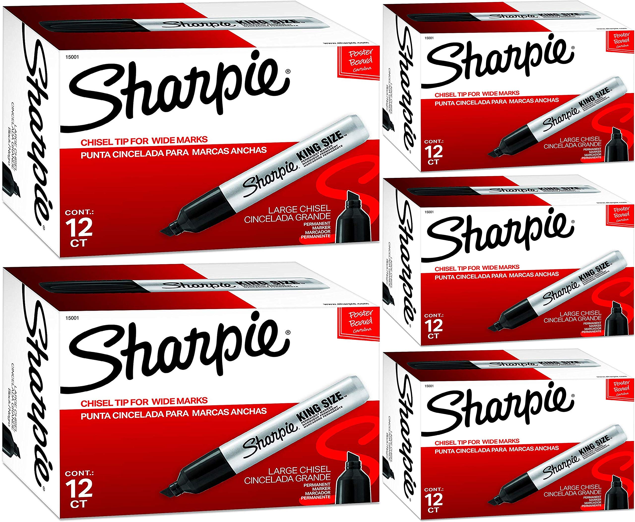 Sharpie King Size Chisel Tip Permanent Markers - 12 Pack (5 Boxes) - Bold Black Ink for Office, School & Industrial Use - Permanent Writing on Paper, Plastic, Metal & More