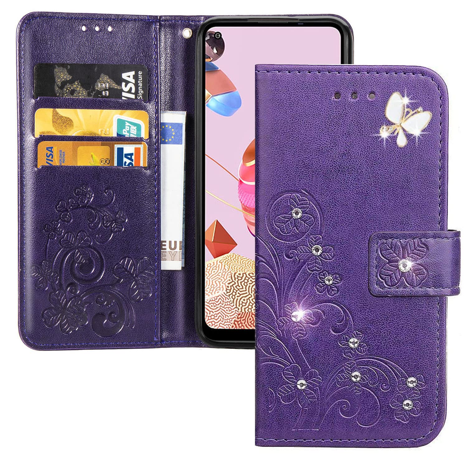 Glitter Diamond Clover Butterfly Embossed PU Leather Flip Wallet Phone Case for Samsung Galaxy A50 - Protective Cover with Stand, Purple | Perfect for Daily Use, Travel & Gift Giving