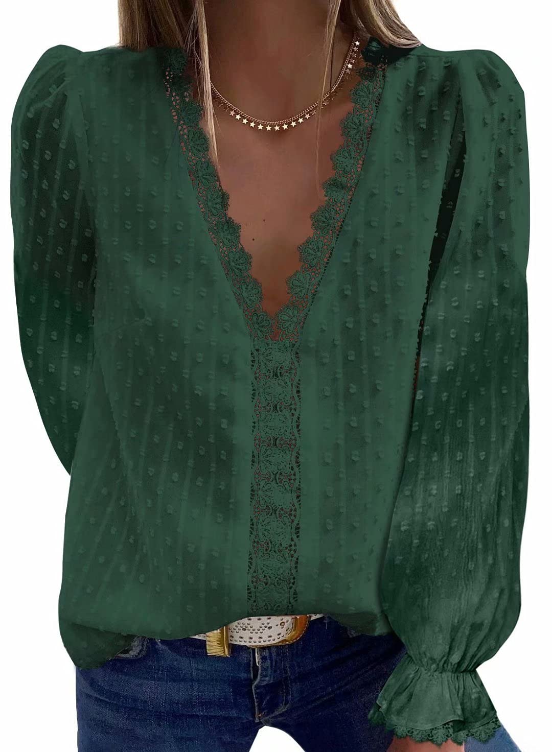 FARYSAYS Women's Long Sleeve Lace Top - V Neck Polka Dot Blouse Flowy Tunic Shirt for Casual Wear, Office & Date Night Outfits