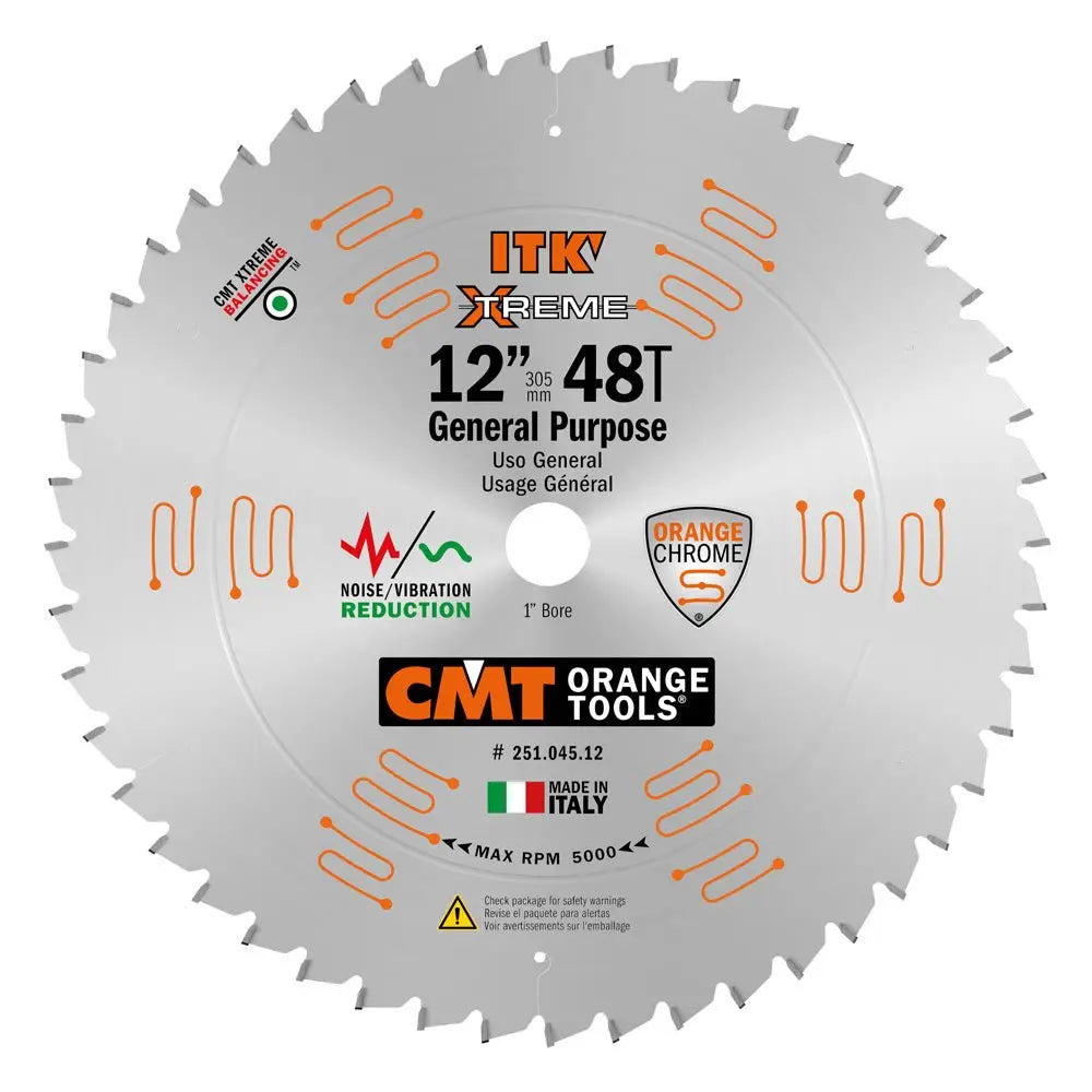 CMT 251.045.12 ITK General Purpose Saw Blade - 12 Inch x 45 Teeth, 1FTG+2ATB Grind with 1 Inch Bore - Perfect for Woodworking, DIY Projects & Professional Cutting