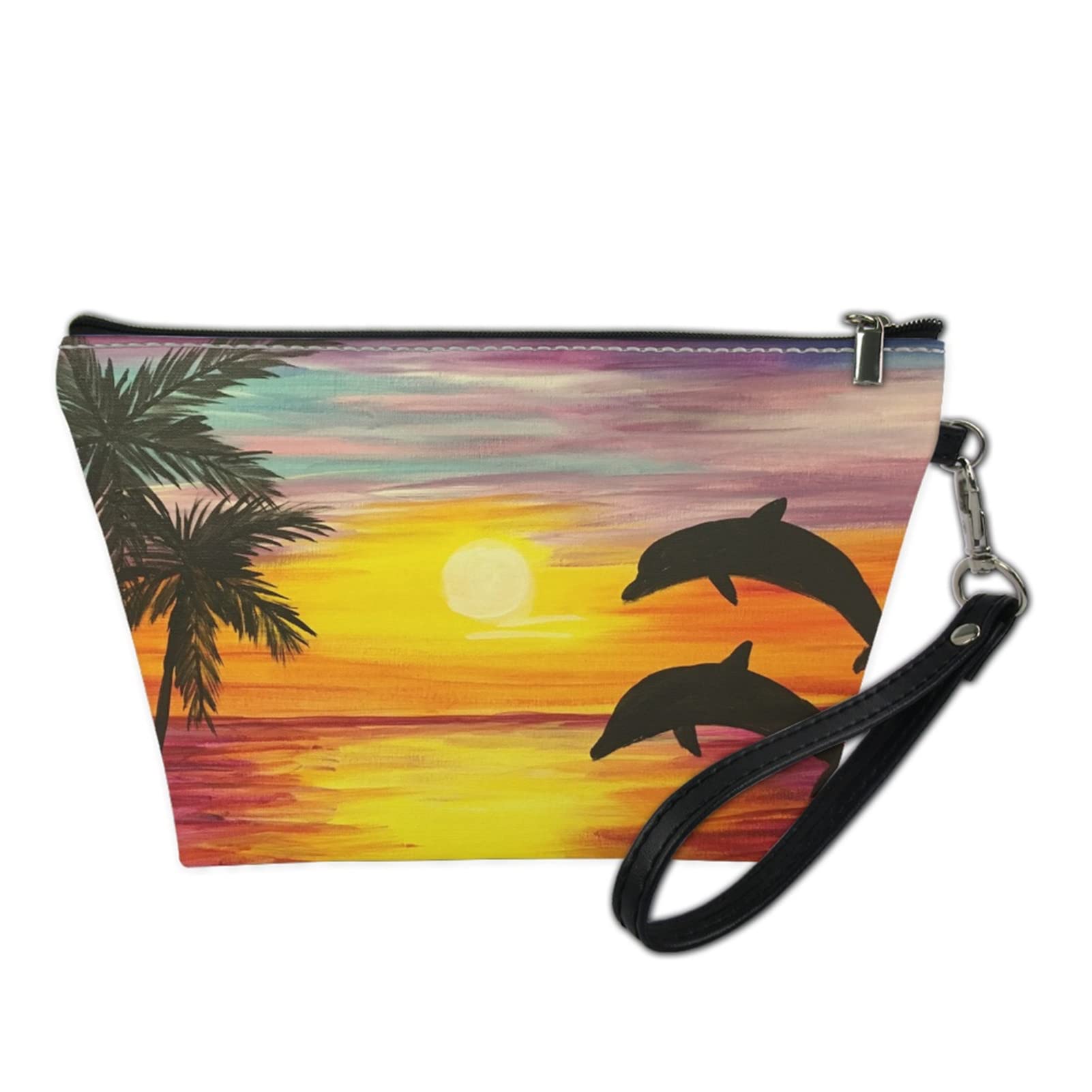 Palm Tree Dolphin Printed Cosmetic Bag for Women - Waterproof Makeup Organizer, Travel Toiletry Pouch & Clutch Purse - Perfect for Beach Vacation, Gym, School & Daily Use