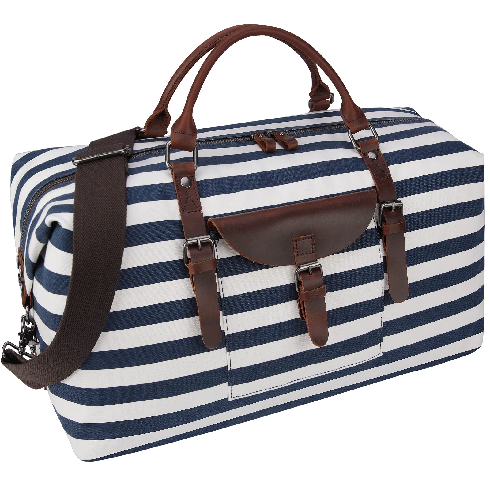 **Large Waterproof Travel Duffel Bag - Genuine Leather Weekender Overnight Carry-On Handbag for Men & Women - Perfect for Gym, Weekend Trips & Air Travel (Blue Stripe)**