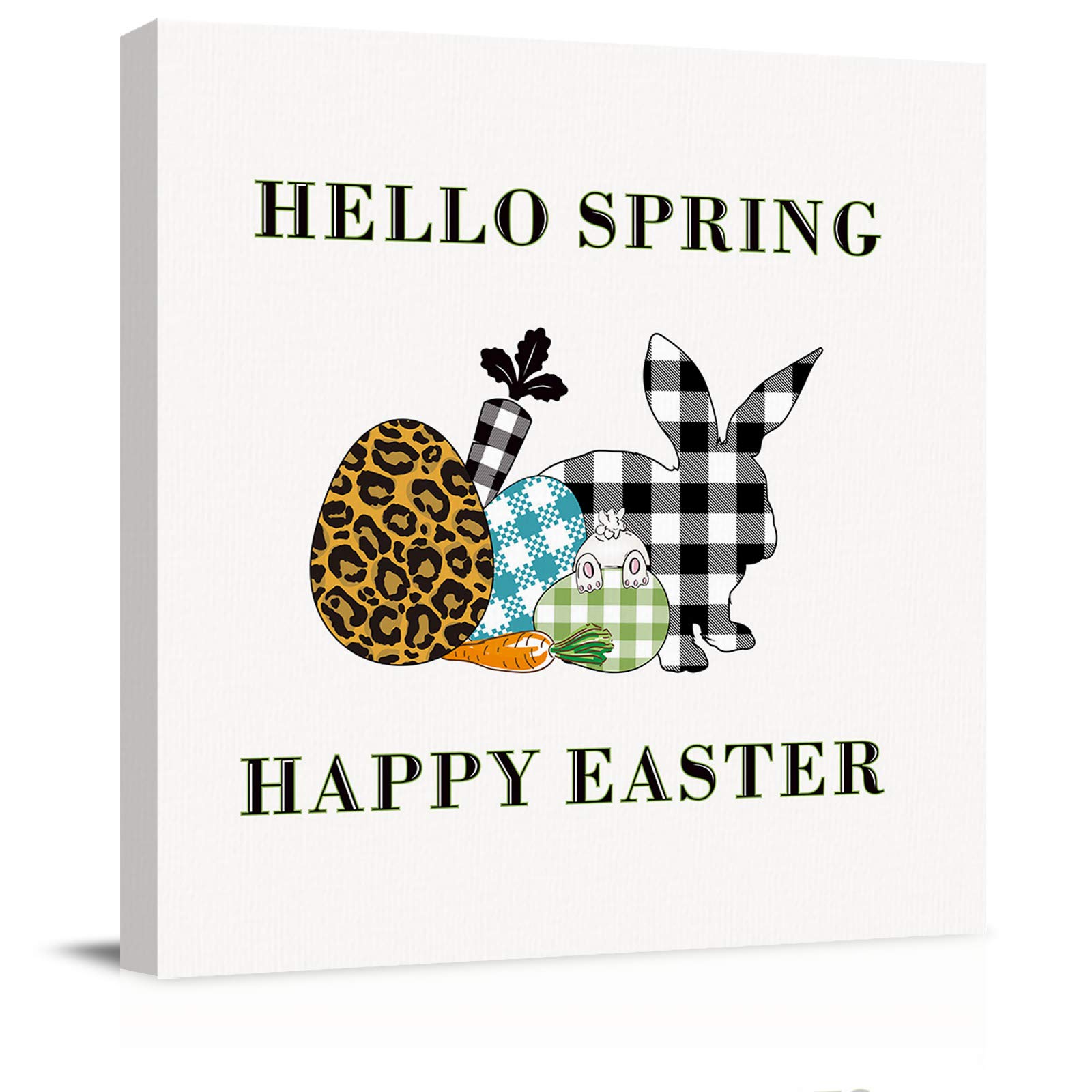 Hello Spring Happy Easter Bunny Eggs and Carrot Checkered Leopard Canvas Wall Art Print - 24x24 Inch Wood Framed Home Decor for Bedroom, Living Room & Nursery - Perfect for Easter Decorations, Seasonal Home Styling and Gift Giving
