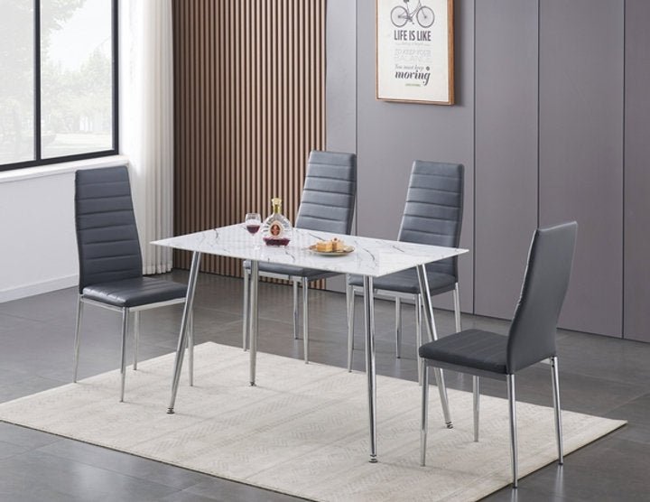 5-Piece White Marble Glass Dining Table Set with Grey Horizontally Stitched Chairs - Modern Kitchen & Dining Room Furniture for Family Gatherings & Dinner Parties
