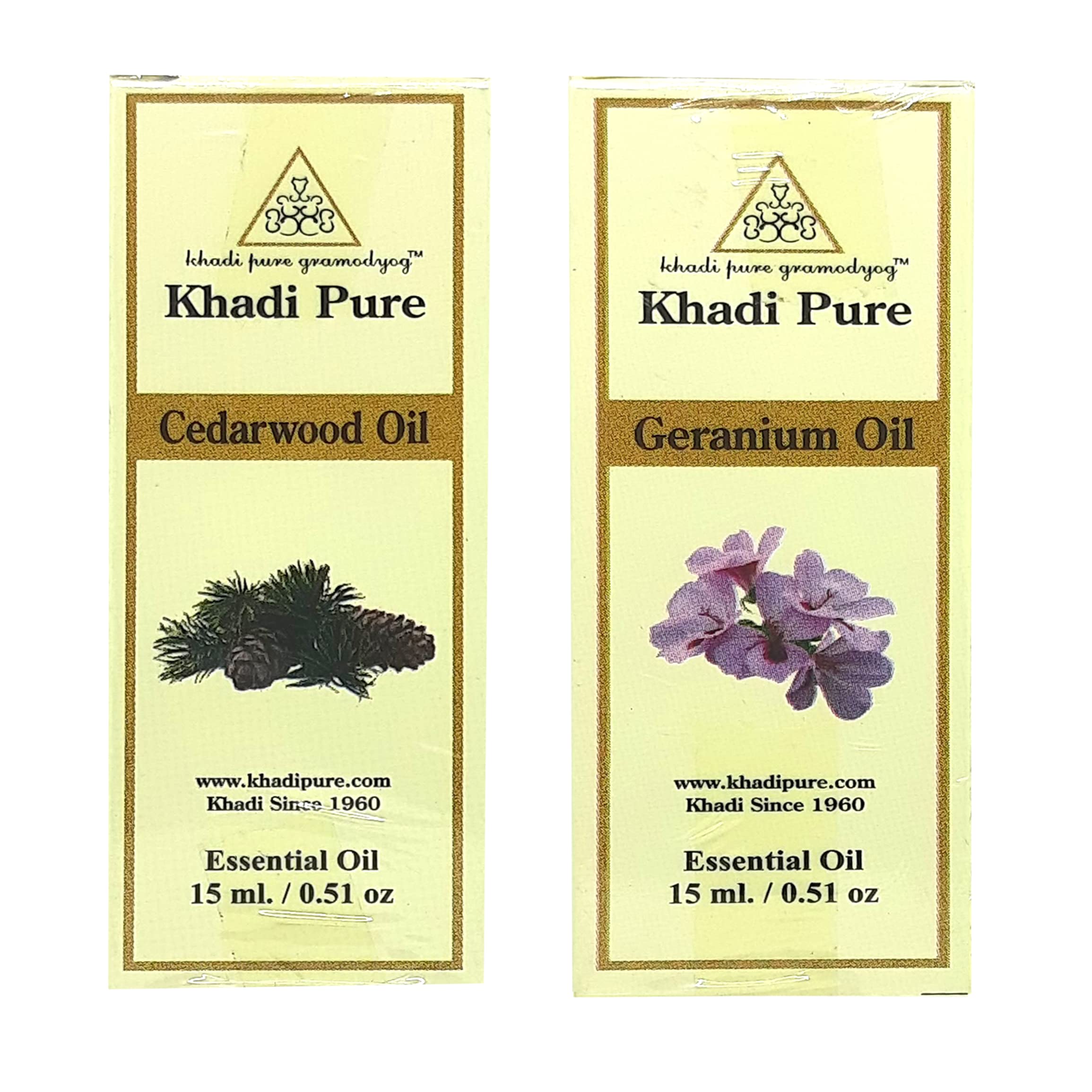 Khadi Pure Cedarwood & Geranium Essential Oil - 100% Natural Aromatherapy Oil for Relaxation & Stress Relief - 15ml (Pack of 2) - Perfect for Diffusers, Massage & Skin Care