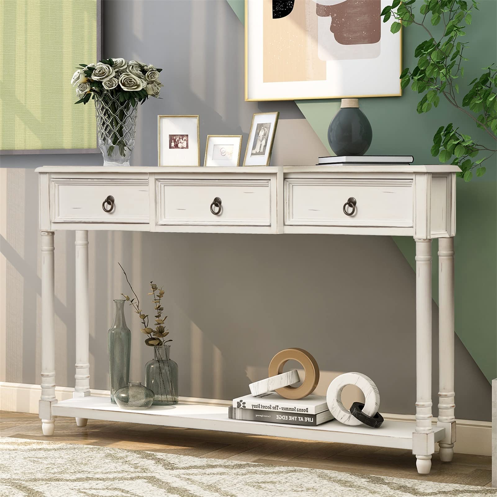 Modern White Console Table with 3 Drawers - 34