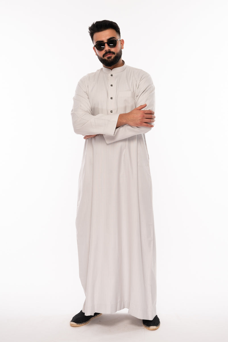 Grey Square Buttoned Thobe for Men - Traditional Islamic Robe with Stylish Design - Perfect for Prayer, Eid, and Special Occasions
