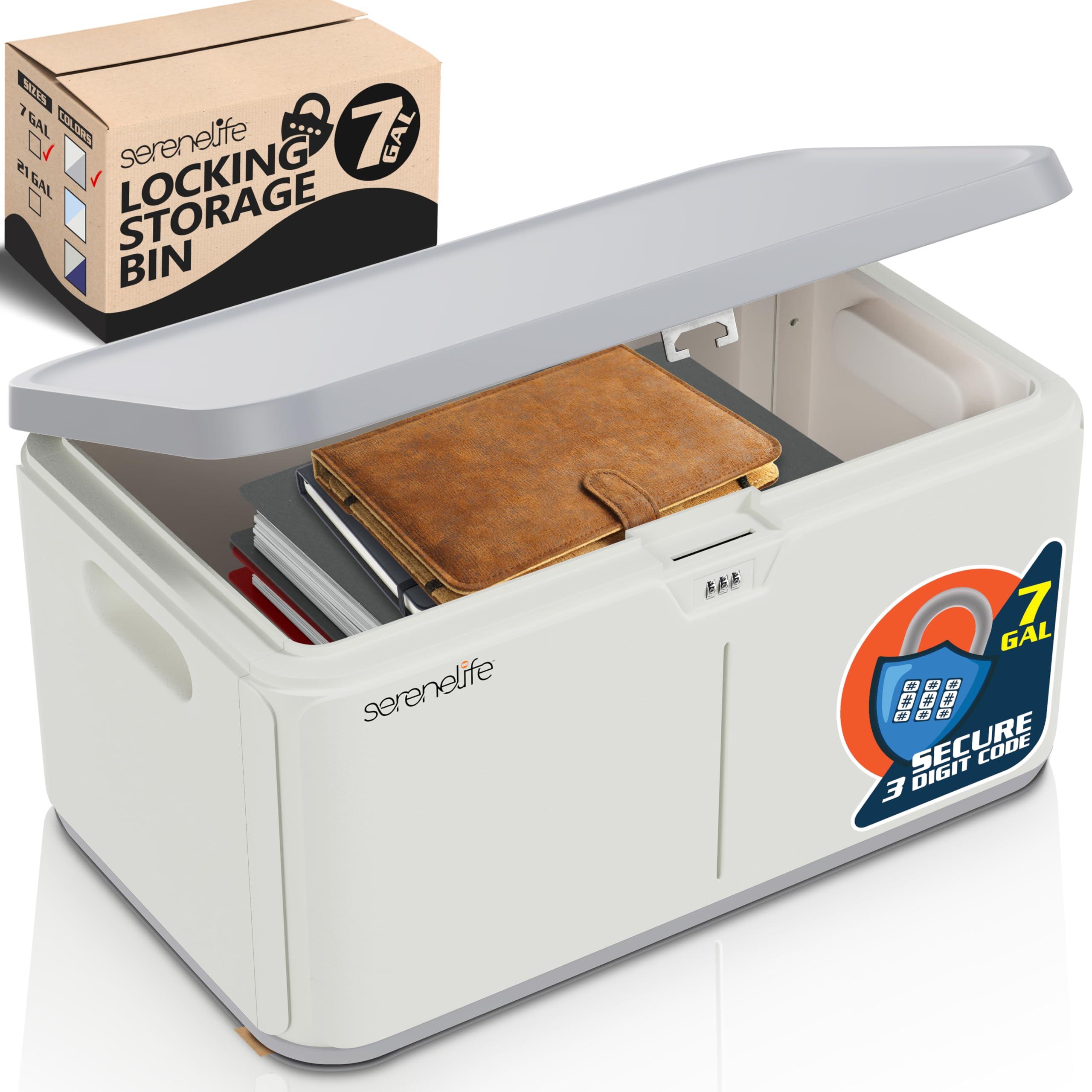 SereneLife 7 Gallon Lockable Storage Box with Combination Lock - Secure Organizing Container for Home, Office, Garage & Travel - Durable Plastic Storage Bin for Toys, Documents, Tools & Seasonal Items