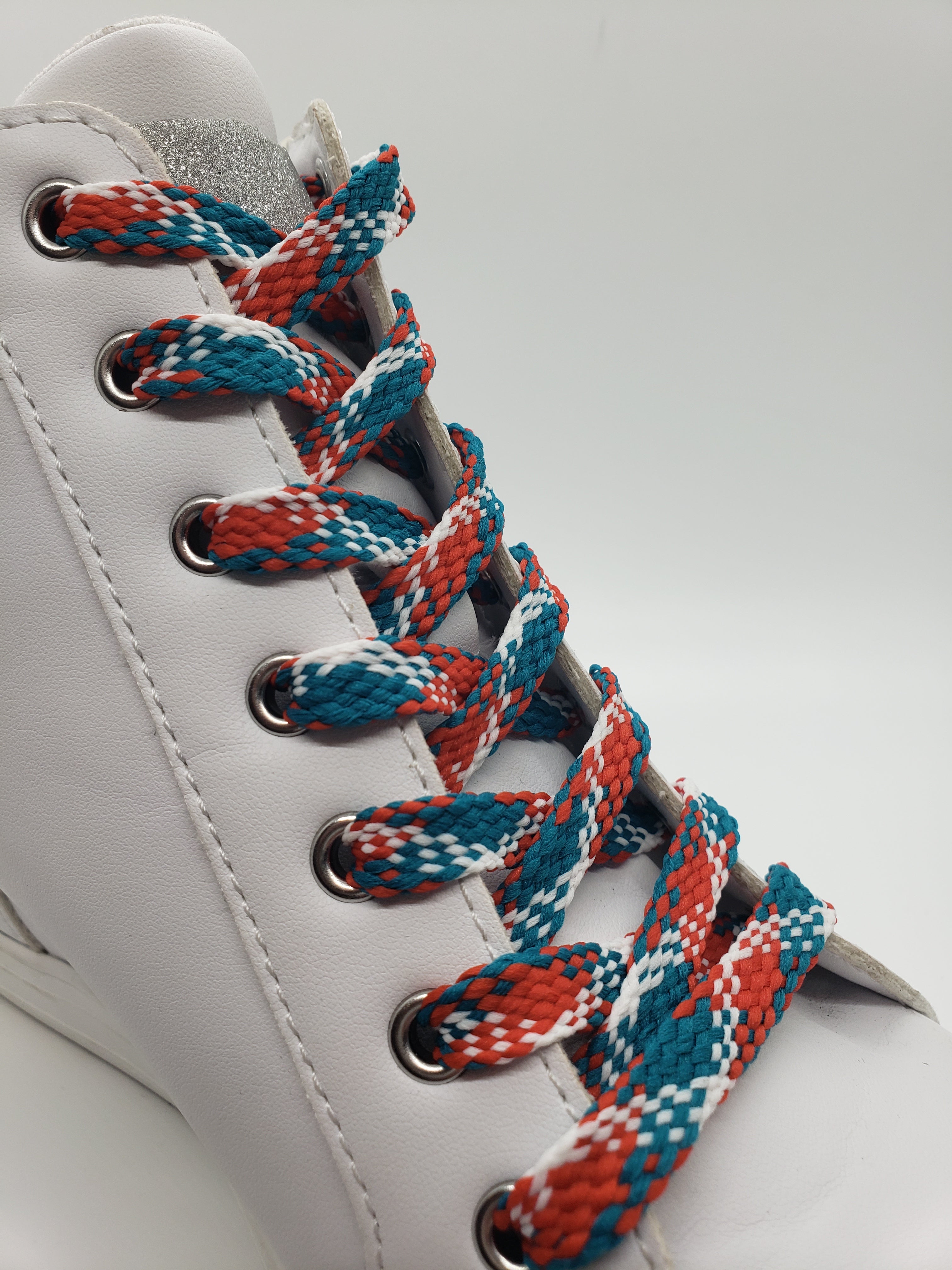 Flat Plaid Shoelaces - Orange, Teal & White Cotton Laces for Sneakers & Casual Shoes | Durable & Stylish Shoe Accessories for Men & Women