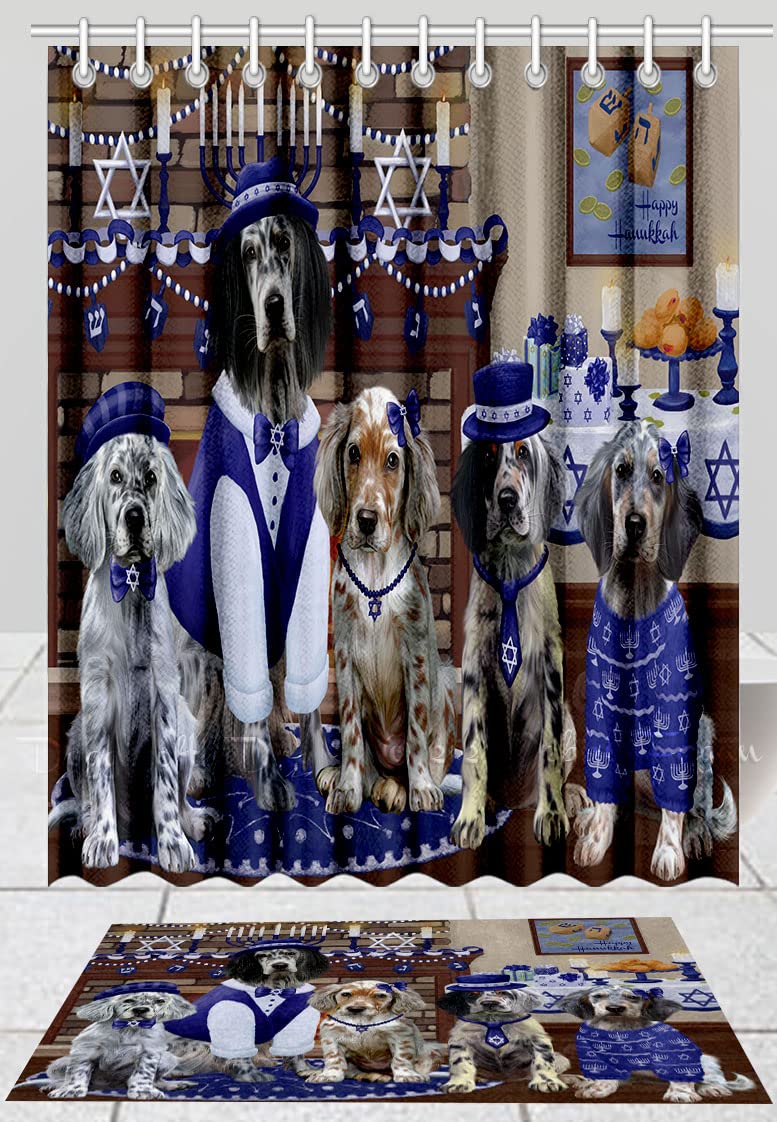 Happy Hanukkah Family English Setter Dogs Bath Mat & Shower Curtain Set - Non-Slip Bathroom Decor, Plush Rug & Polyester Curtain with Hooks (Mat 16