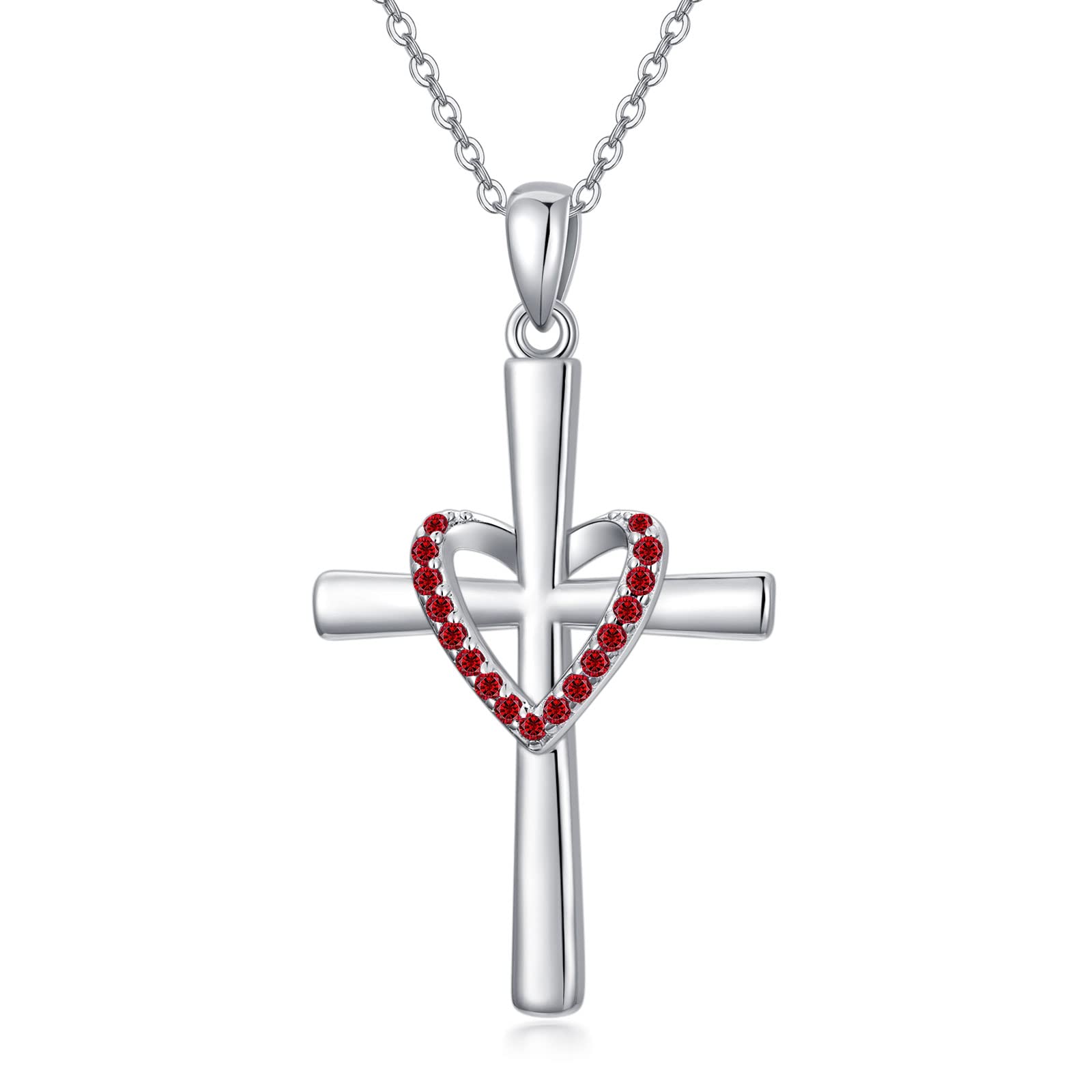 OCJ 925 Sterling Silver Cross Pendant Necklace for Women with Cubic Zirconia & Birthstone - Religious Jewelry Gift for Birthday, Baptism, Confirmation & Everyday Wear