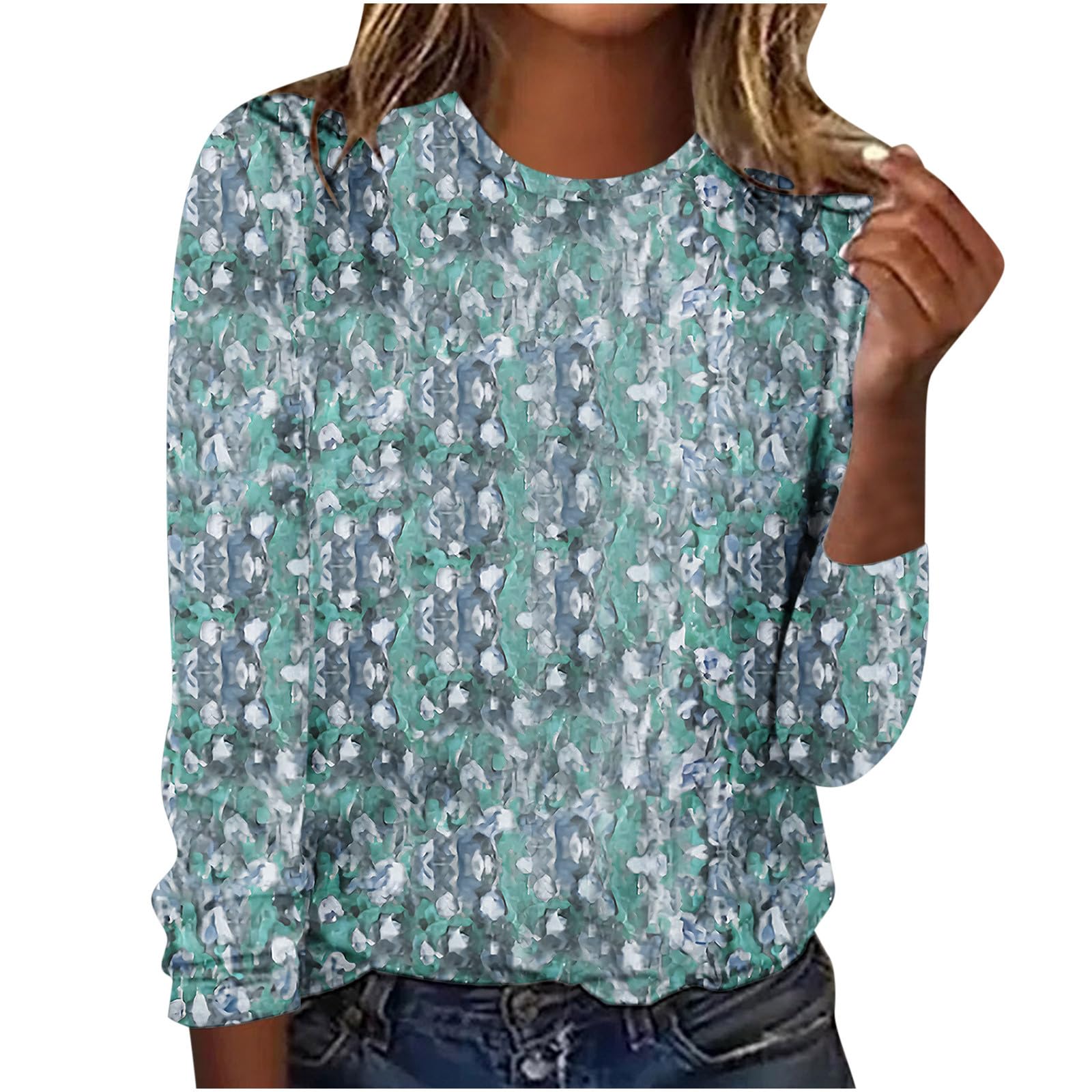Trendy Boho Floral Print Tunic Shirts for Women - Long Sleeve Crewneck Loose Blouse in Light Blue | Comfortable Dressy Casual & Work Tops | Perfect for Office Wear, Weekend Outings & Boho Chic Style (Size M)