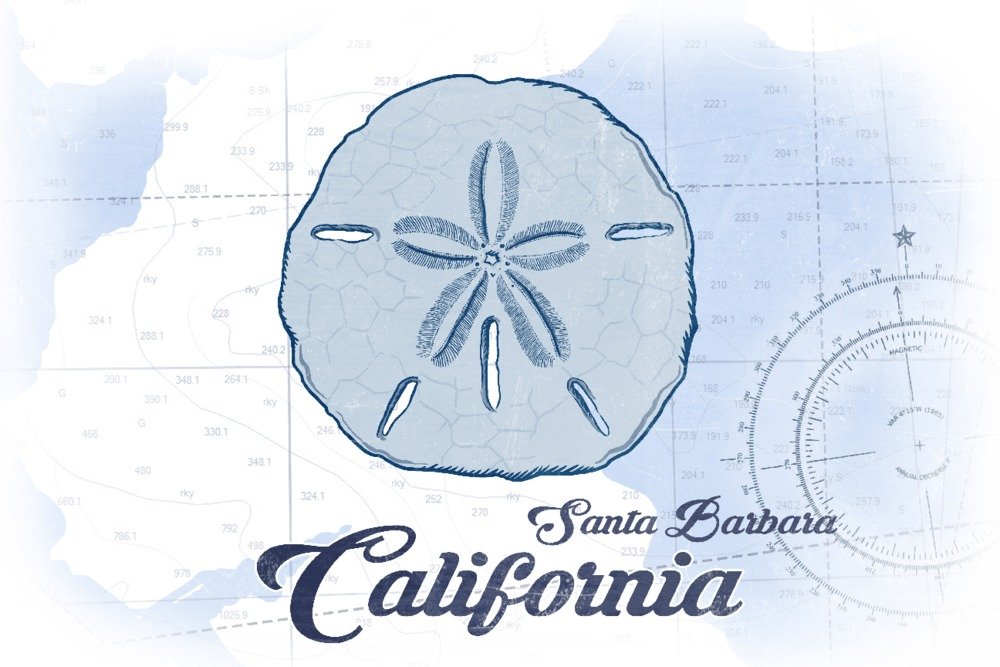 Santa Barbara California Sand Dollar Blue Coastal Icon - 36x54 Giclee Gallery Print - Travel Poster Wall Decor for Beach House, Coastal Living Room & Vacation Home Decor