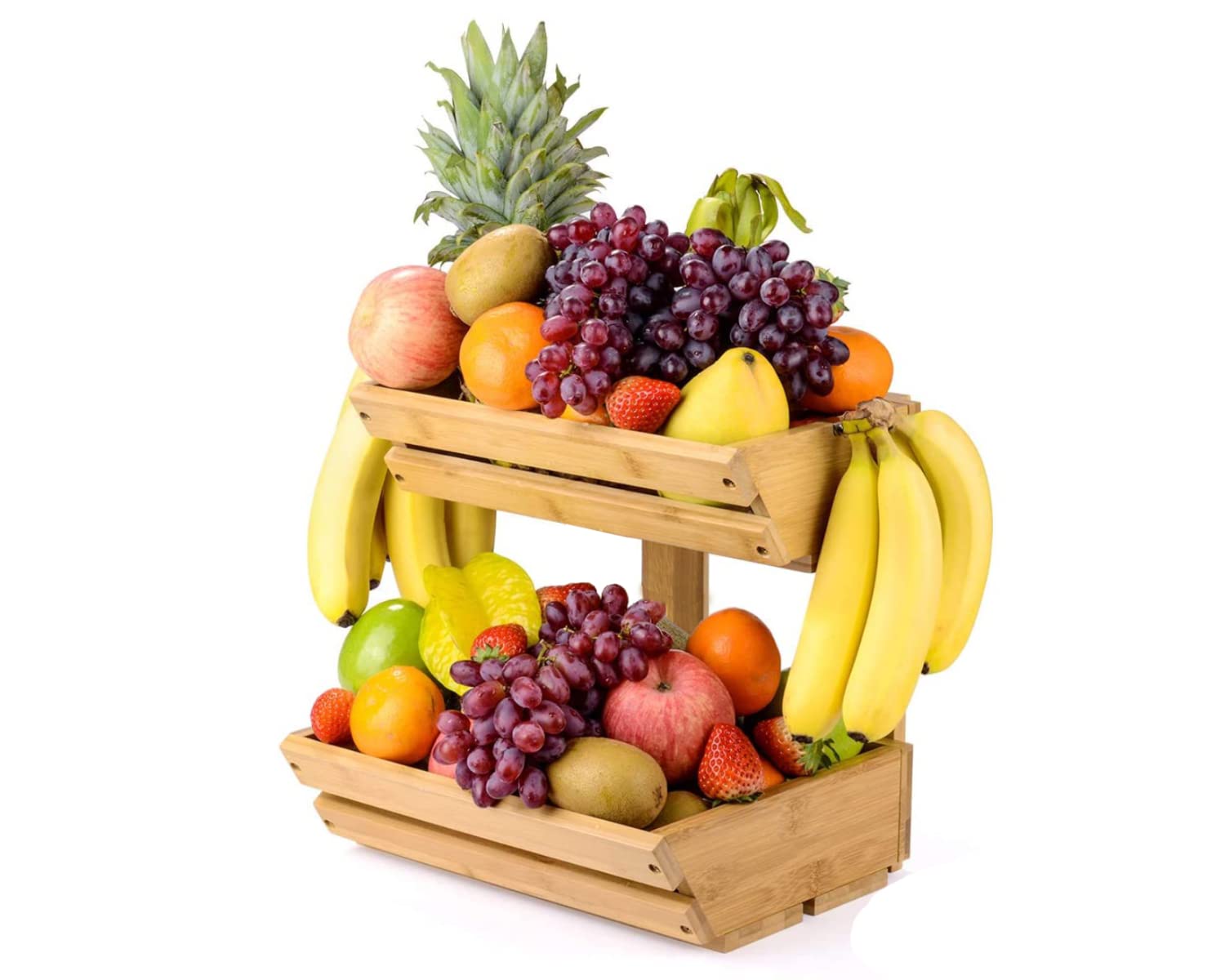 2-Tier Wooden Fruit Basket for Kitchen - Organizer for Bread, Vegetables, Snacks & Food - Free Stand & Wall Mount - Perfect for Pantry, Dining Room & Countertop Storage