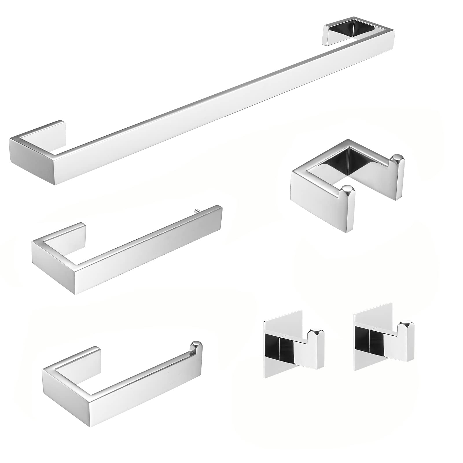Fapully 23.6-Inch 6-Piece Bathroom Hardware Accessories Set - Stainless Steel Wall Mounted Chrome Towel Bar, Hand Towel Holder, Toilet Paper Holder, Robe Hook, Coat Hook - Modern Bathroom Organization for Home & Hotel Use