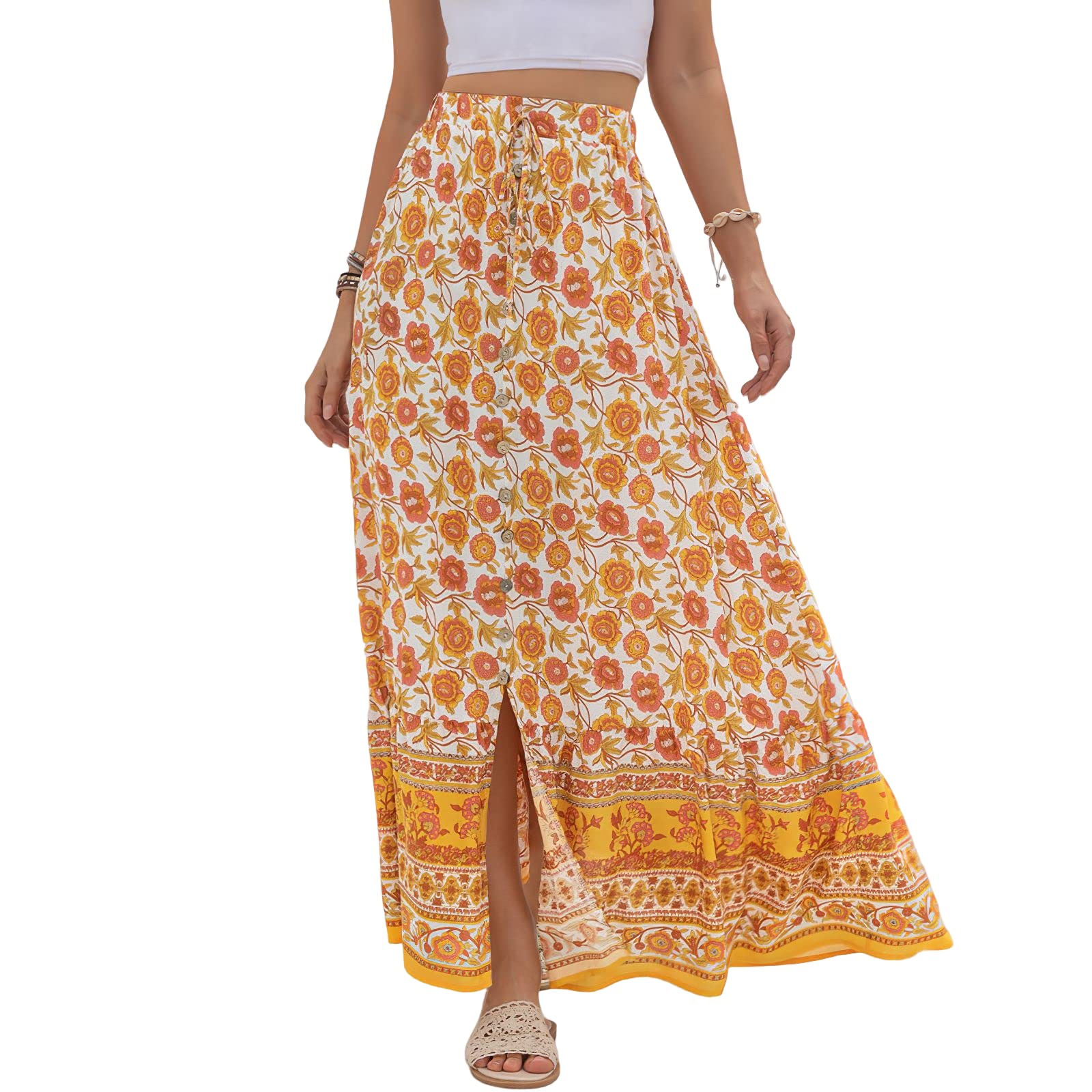 TIAFORD Women's Floral Print High Waist Maxi Skirt - Elastic Waistband, Boho A-Line Ruffle Pleated Long Skirt for Summer | Perfect for Beach Vacations, Music Festivals and Casual Outings