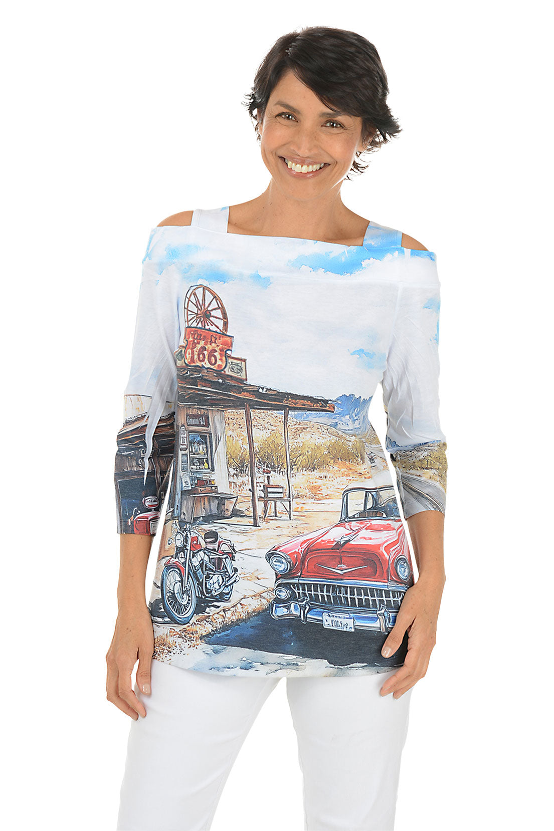 Route 66 Vintage Style Cold Shoulder Knit Top for Women - 70s Inspired Off Shoulder Blouse for Casual Wear, Date Night & Music Festivals