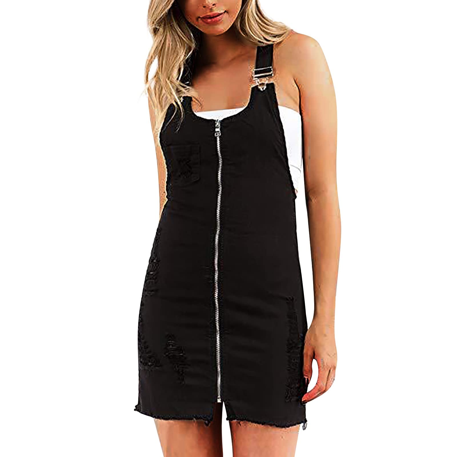 Twoker Women's Distressed Denim Overalls Dress with Adjustable Straps - Casual Jumpsuit for Spring & Summer Outings, Music Festivals and Weekend Brunch