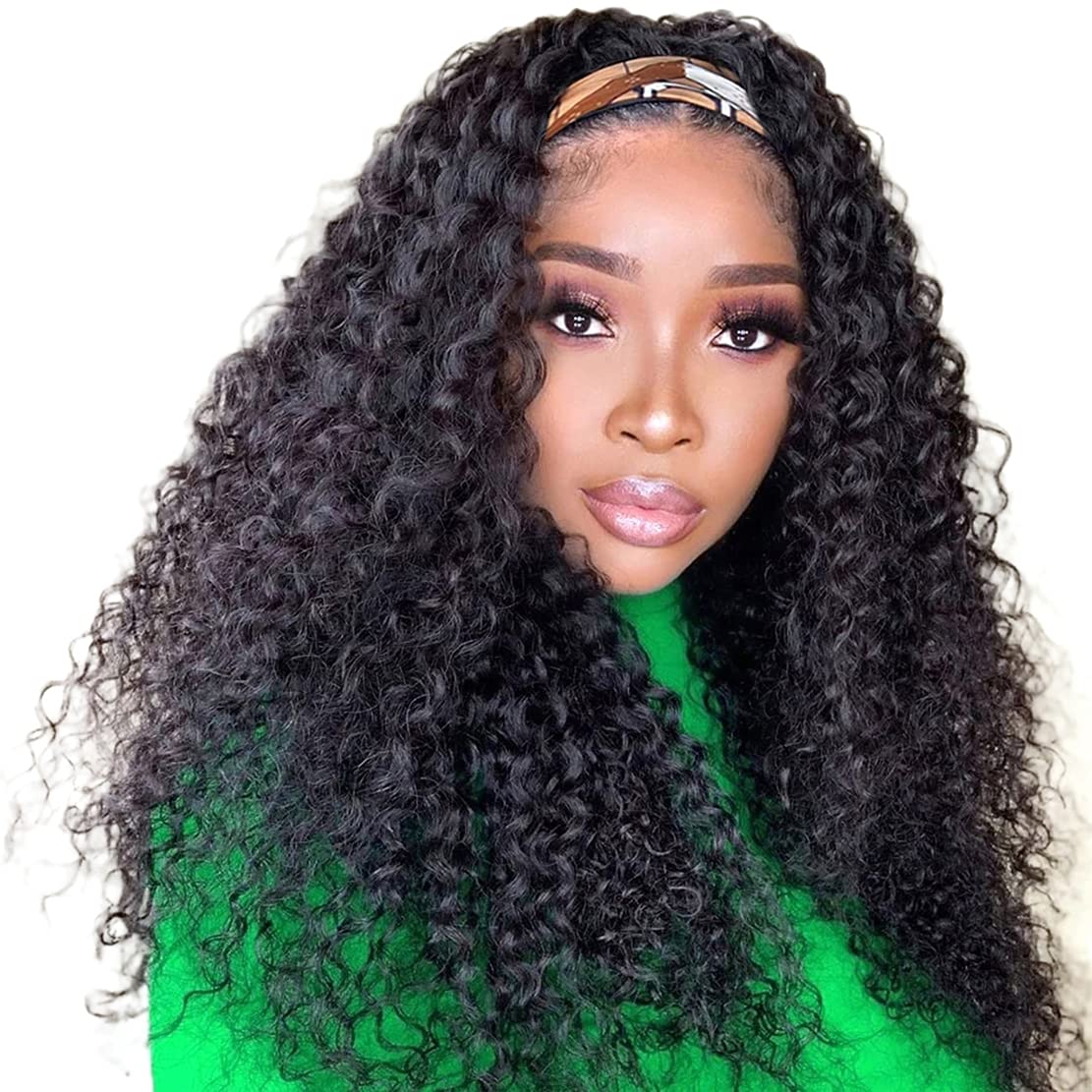24 Inch Brazilian Human Hair Headband Wig - Deep Wave Wigs for Black Women | Glueless Non-Lace Front | 150% Density Machine Made Curly Wig | Natural Color | Perfect for Daily Wear, Parties & Special Occasions