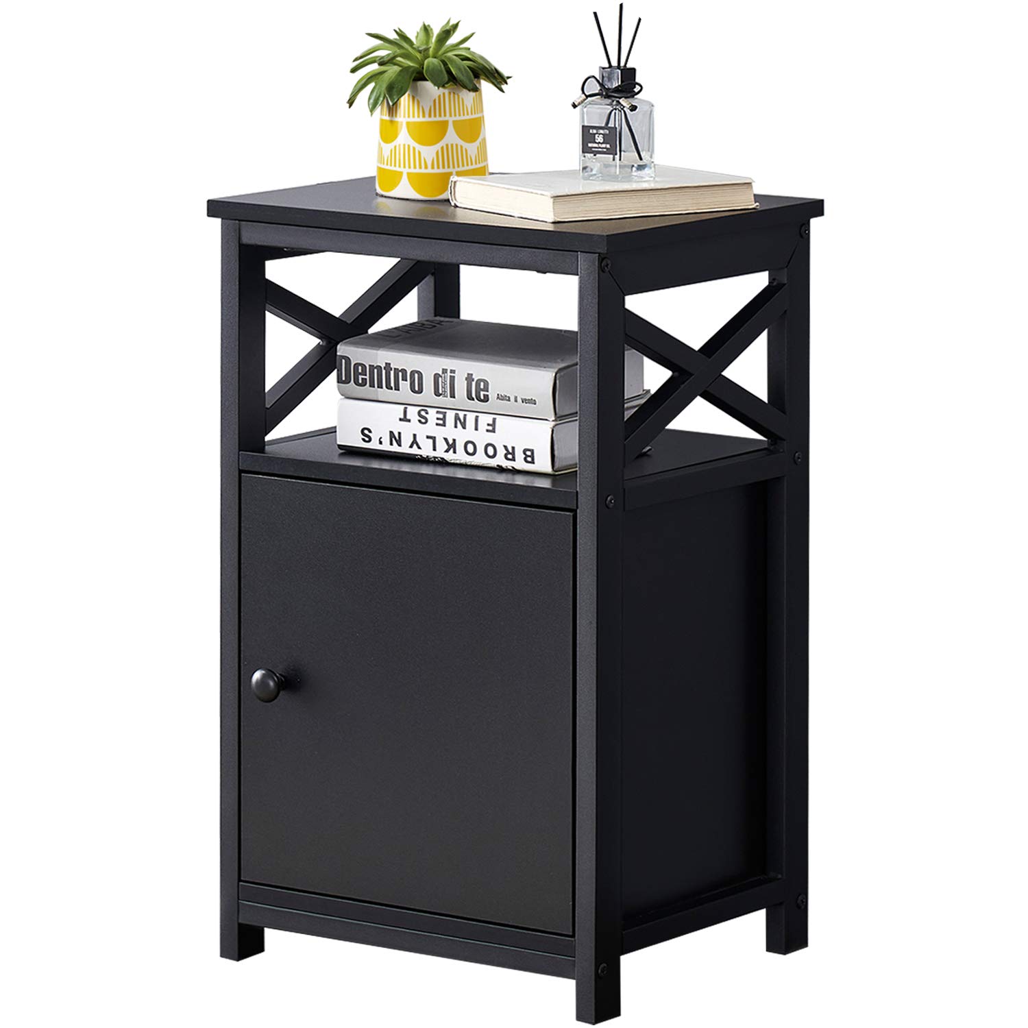 VECELO Modern Nightstand with Storage Drawer - X-Design End Table for Bedroom & Living Room - Versatile Side Table with Shelf & Bin - Classic Black - Perfect for Small Spaces, Apartment & Dorm Room Decor
