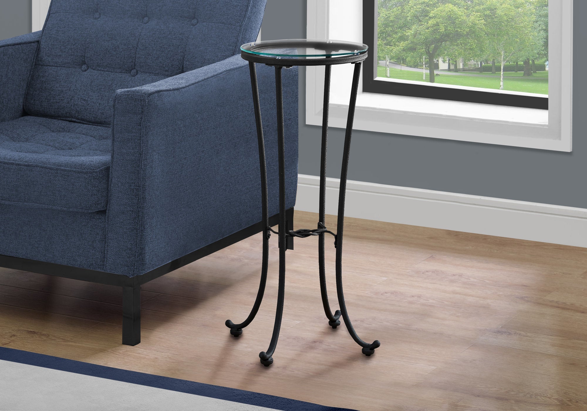 Hammered Black Metal Accent Table with Tempered Glass Top - Modern Side Table for Living Room, Bedroom & Office Decor