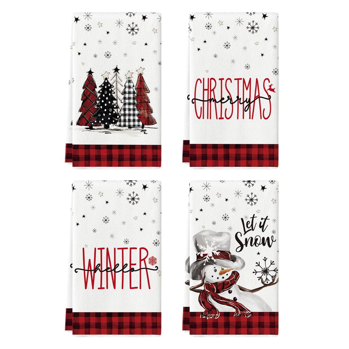 Artoid Mode Red Black Buffalo Plaid Snowman Christmas Kitchen Dish Towels - Set of 4 (18x26 Inch) - Holiday Winter Decor, Xmas Tree Decoration & Seasonal Hand Towels for Home, Kitchen, and Festive Parties