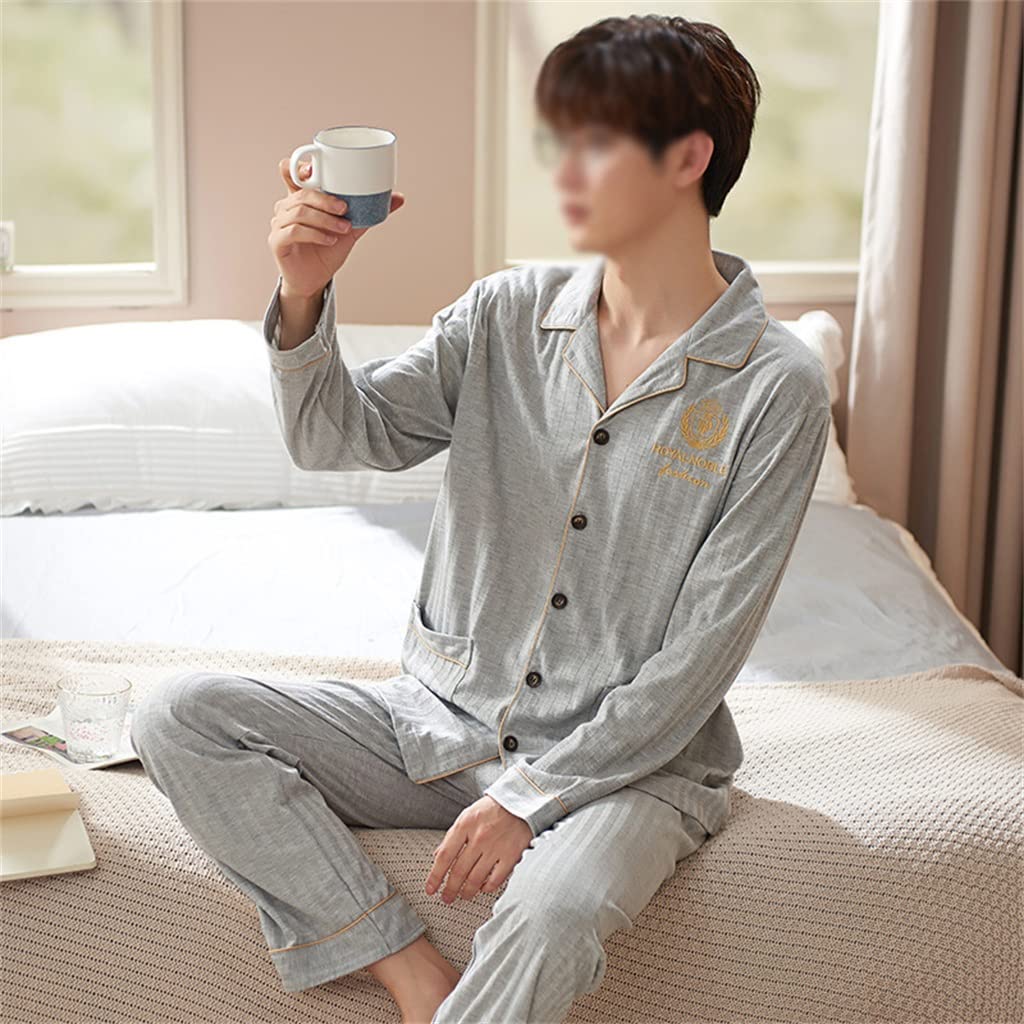 Men's Cotton Long Sleeve Pajama Pants - Soft Breathable Sleepwear with Lapel Collar for Spring & Fall (3XL) | Comfortable Nightwear for Lounging, Sleeping & Relaxing at Home