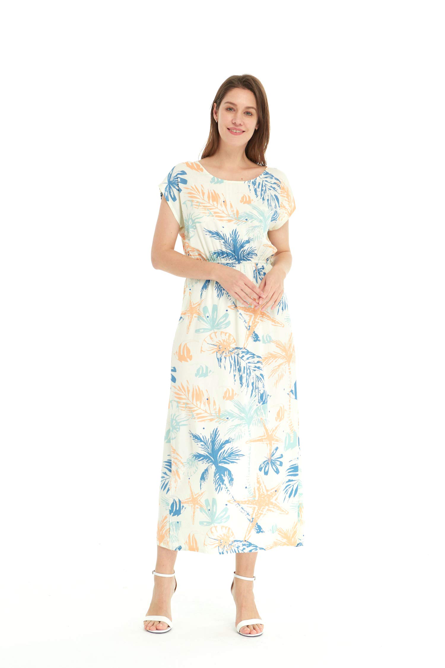 Women's Floral Hawaiian Luau Cap Sleeve Maxi Dress - Beach Cover Up, Summer Vacation Outfit, Tropical Party Wear for Poolside, Luau Party & Island Getaway