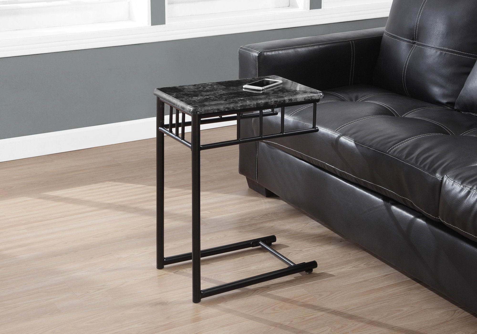 Modern Grey Marble Accent Table with Charcoal Metal Base - Stylish Side Table for Living Room, Bedroom, or Office Decor