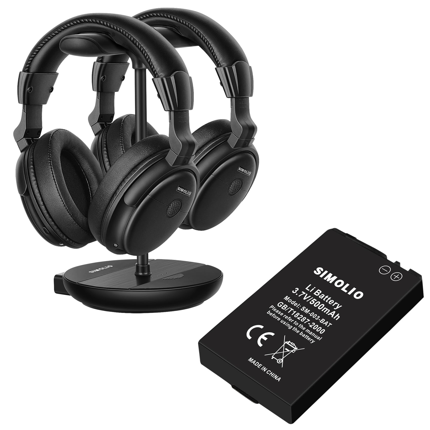 SIMOLIO Dual Wireless TV Headphones with 2 Spare Batteries, Transmitter & Charging Stand - 2-in-1 Wireless Headset with Dialogue Clarity, Bass Adjustment & Tone Control | 100ft Range | Perfect for Late Night TV Watching, Hearing Impaired & Private Listening