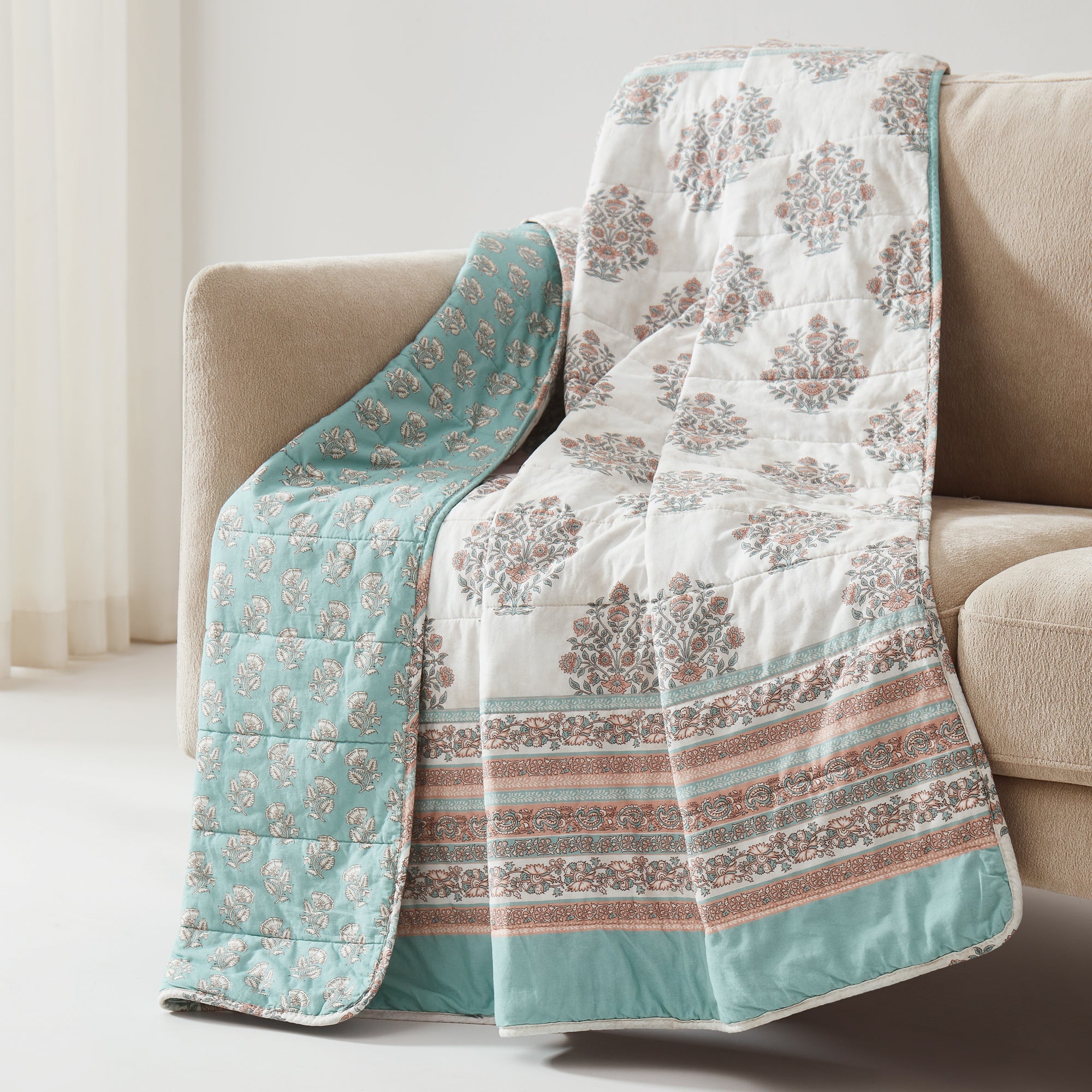 Sofia Flower Block Bouquet Reversible Cotton Throw Blanket - Soft Cozy Blanket for Bed, Couch & Sofa - Perfect for Home Decor, Gifts and Winter Warmth
