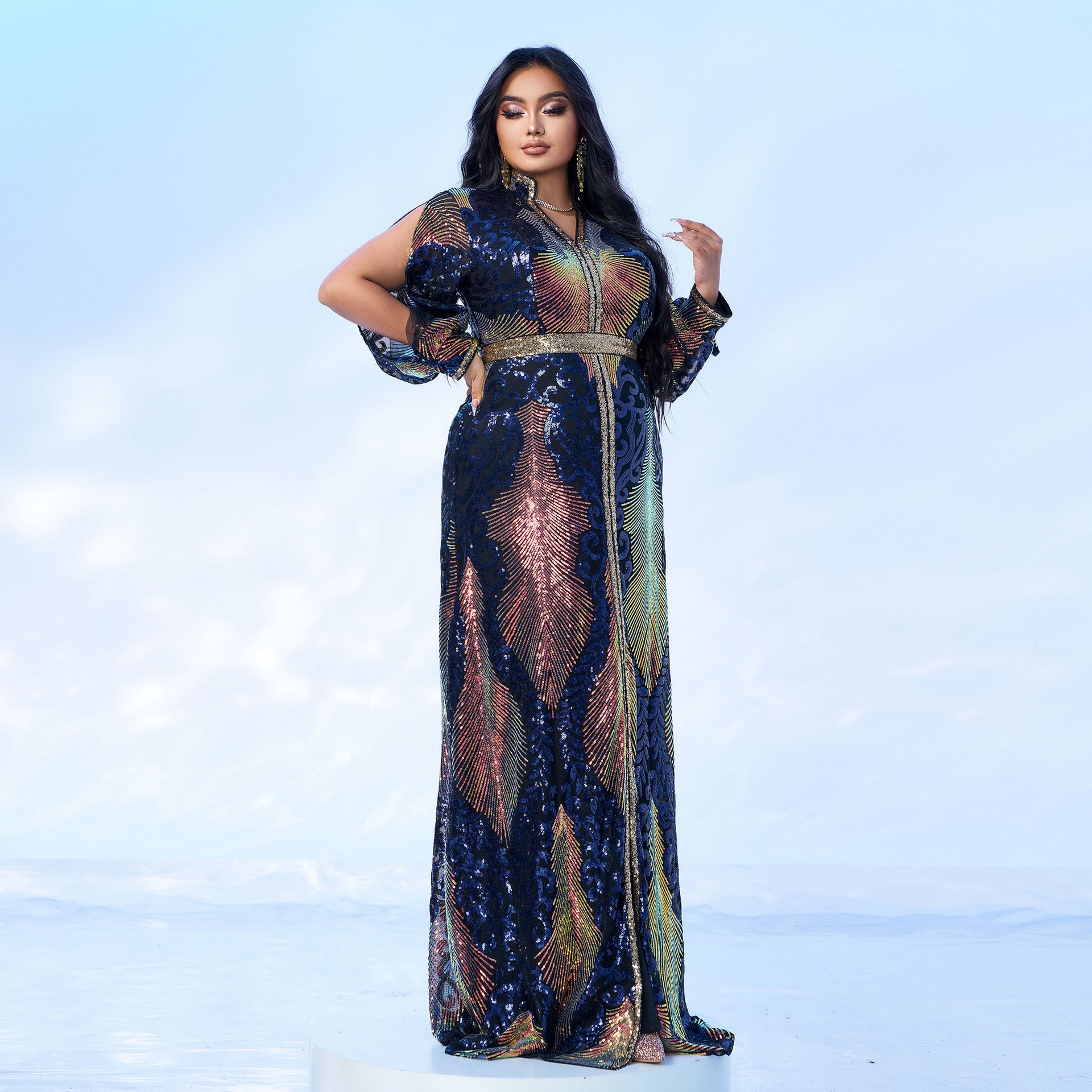 2025 Trendy Plus Size Women's Evening Gown - Sparkly Sequins Fishtail Dress with V-Neck for Banquet & Special Occasions | Middle Eastern Style Formal Wear for Weddings, Galas and Red Carpet Events