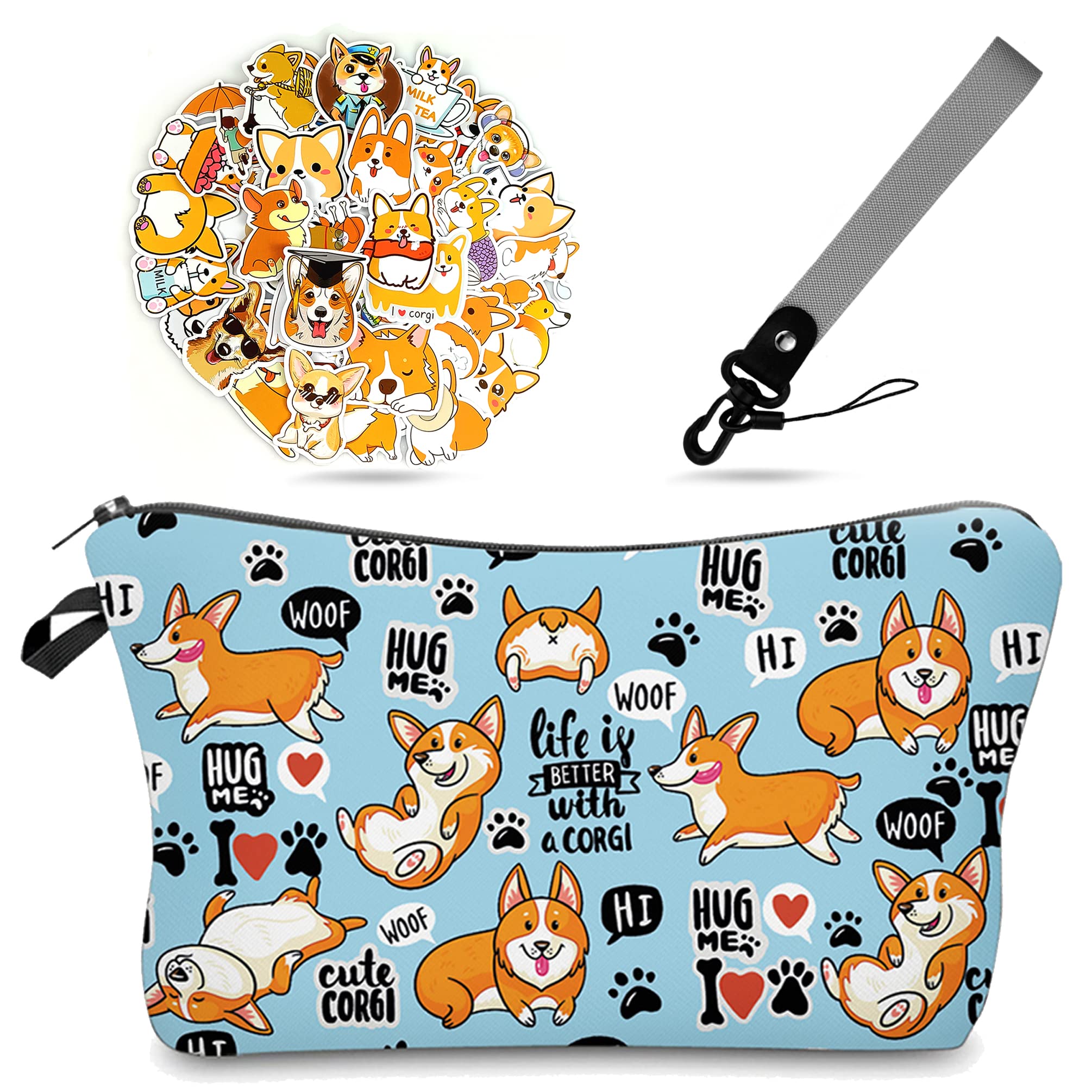 Small Makeup Bag for Women - Mini Cosmetic Pouch with Wrist Strap, Cute Corgi Design Travel Toiletry Bag & Pencil Case - Perfect Gift for Girls | Ideal for Daily Purse Organizer, Travel Essentials & School Supplies