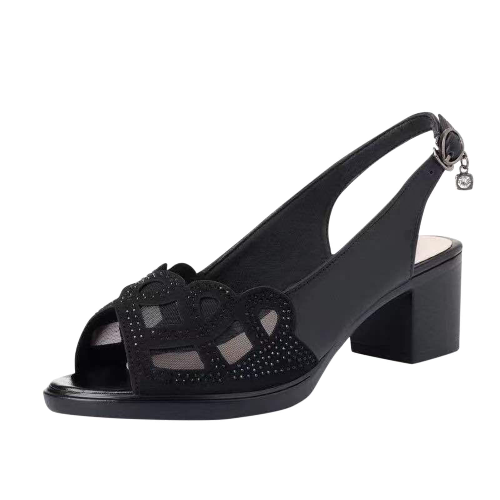 Women's Dressy Summer Sandals with Chunky Heel - Rhinestone Fish Cutout Mesh Design - Comfortable Fashion Sandals for Ladies - Perfect for Beach, Party, and Casual Outings