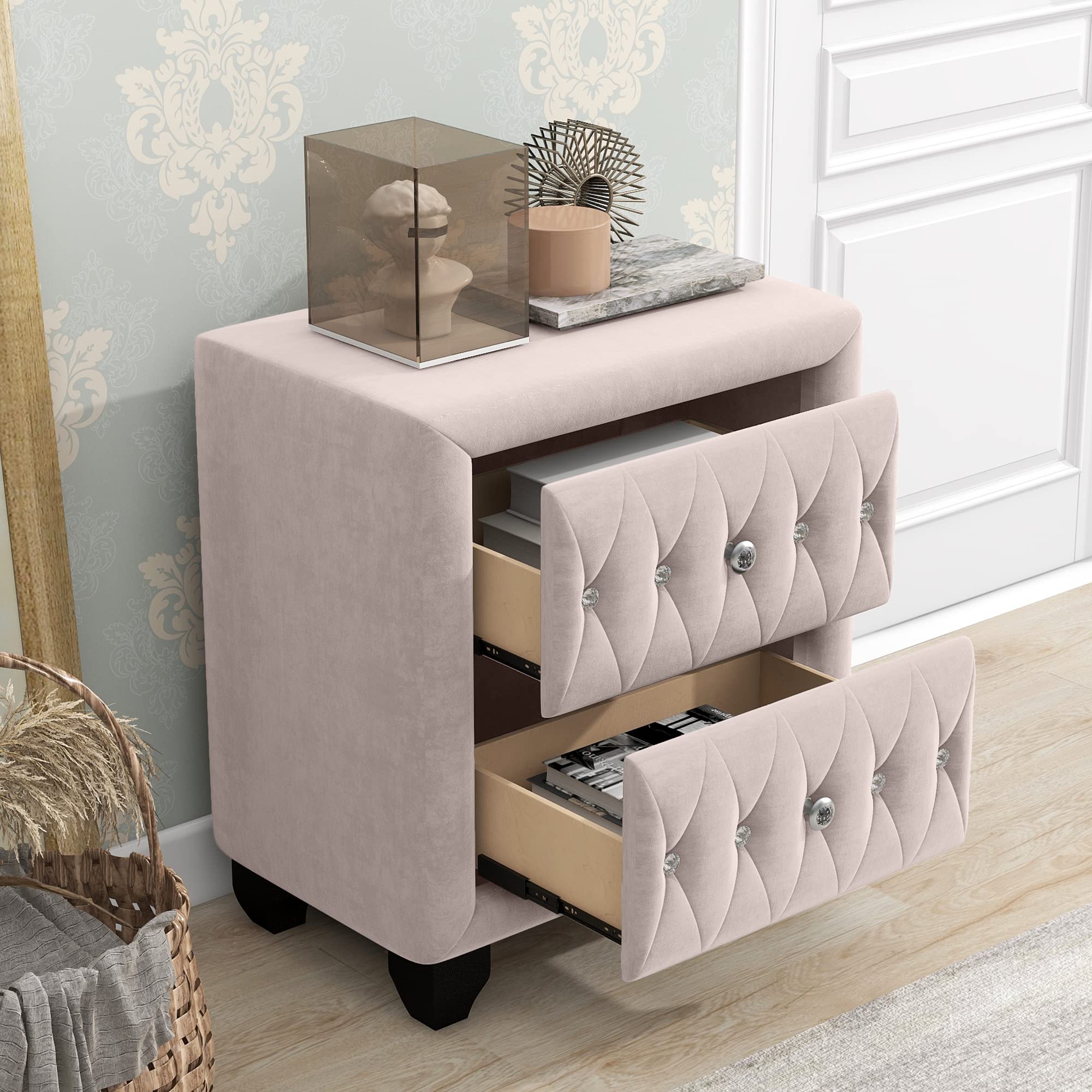 Pvillez Velvet Upholstered Nightstand with 2 Drawers & Crystal Handles - Modern Bedside Table for Bedroom, Living Room | Perfect for Small Spaces, Apartment Decor & Guest Room Furniture