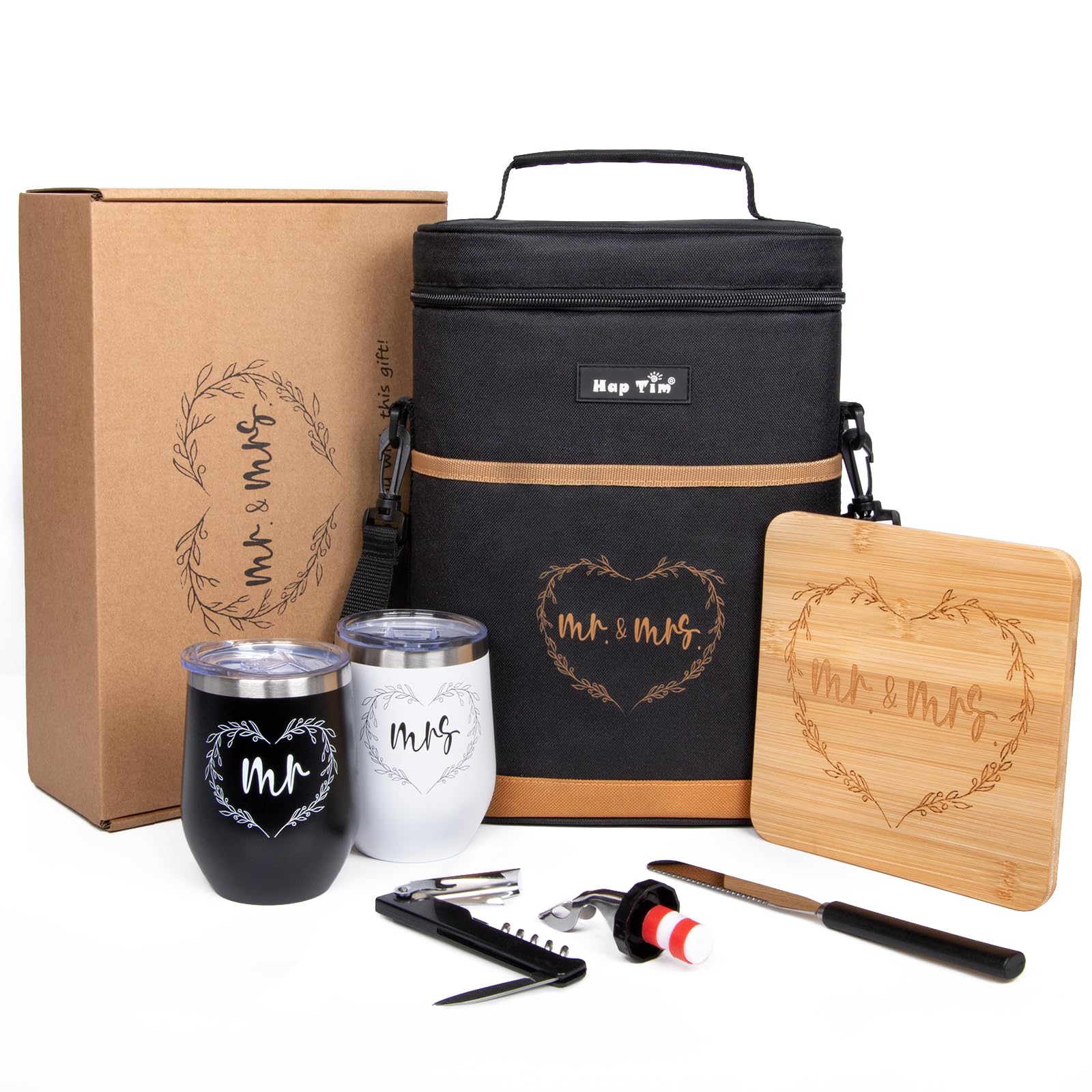 Hap Tim Insulated Wine Cooler Bag with 2 Tumblers & Bamboo Cheese Board - Wedding Gift Set for Couples, Bridal Shower, Engagement or Anniversary - Perfect for Picnics, Beach Outings and Romantic Dinners