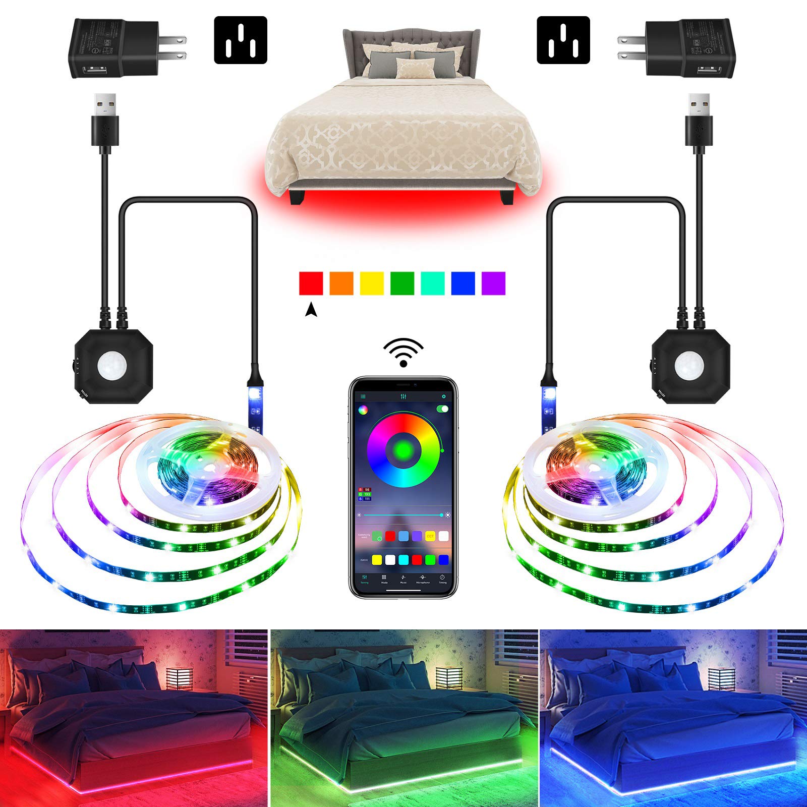 Motion Activated Under Bed Lights - 9.8Ft RGB LED Strip Lights with Motion Sensor & Auto Shut Off Timer, USB-Powered Color Changing Night Light for Bedroom, Cabinet, Stairs (2 Pack) - Perfect for Safe Night Navigation and Ambient Lighting