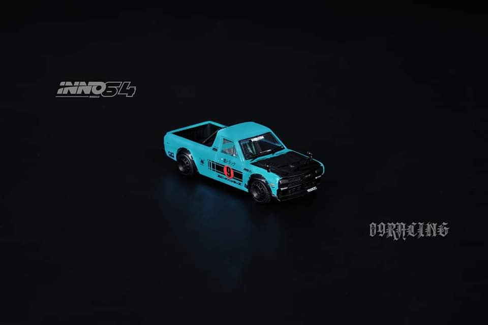 INNO Models 1:64 Scale Nissan Sunny Hakotora Pickup Truck - 09 Racing Edition (Shingo San's Truck) - Diecast Car Collection for Display, Racing Enthusiasts & Anime Fans