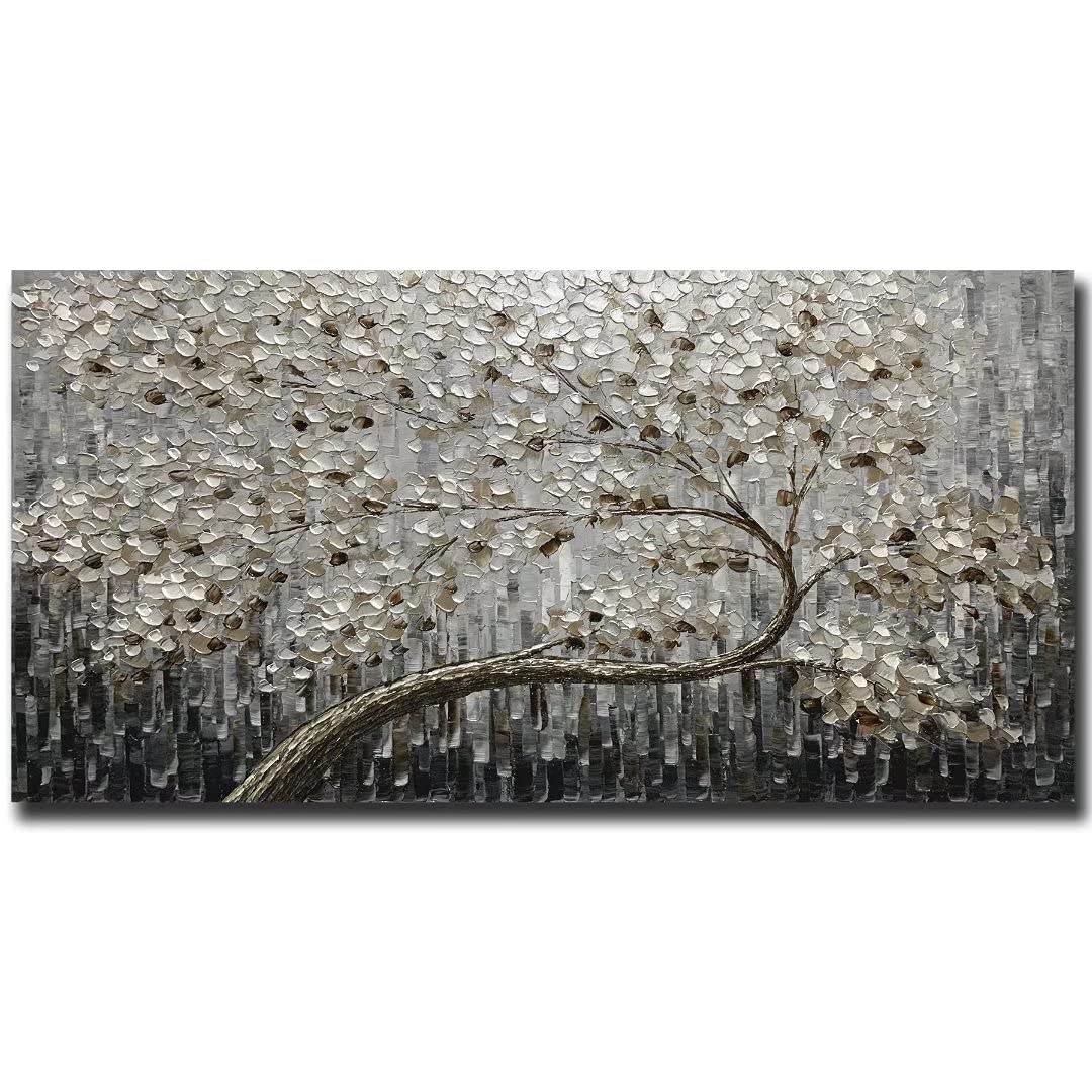24x48 Inch Modern Abstract Flower Canvas Painting - Hand-Painted Black Gray Wall Art with Wood Frame for Living Room & Bedroom Decor | Perfect for Contemporary Home, Office & Gift Giving
