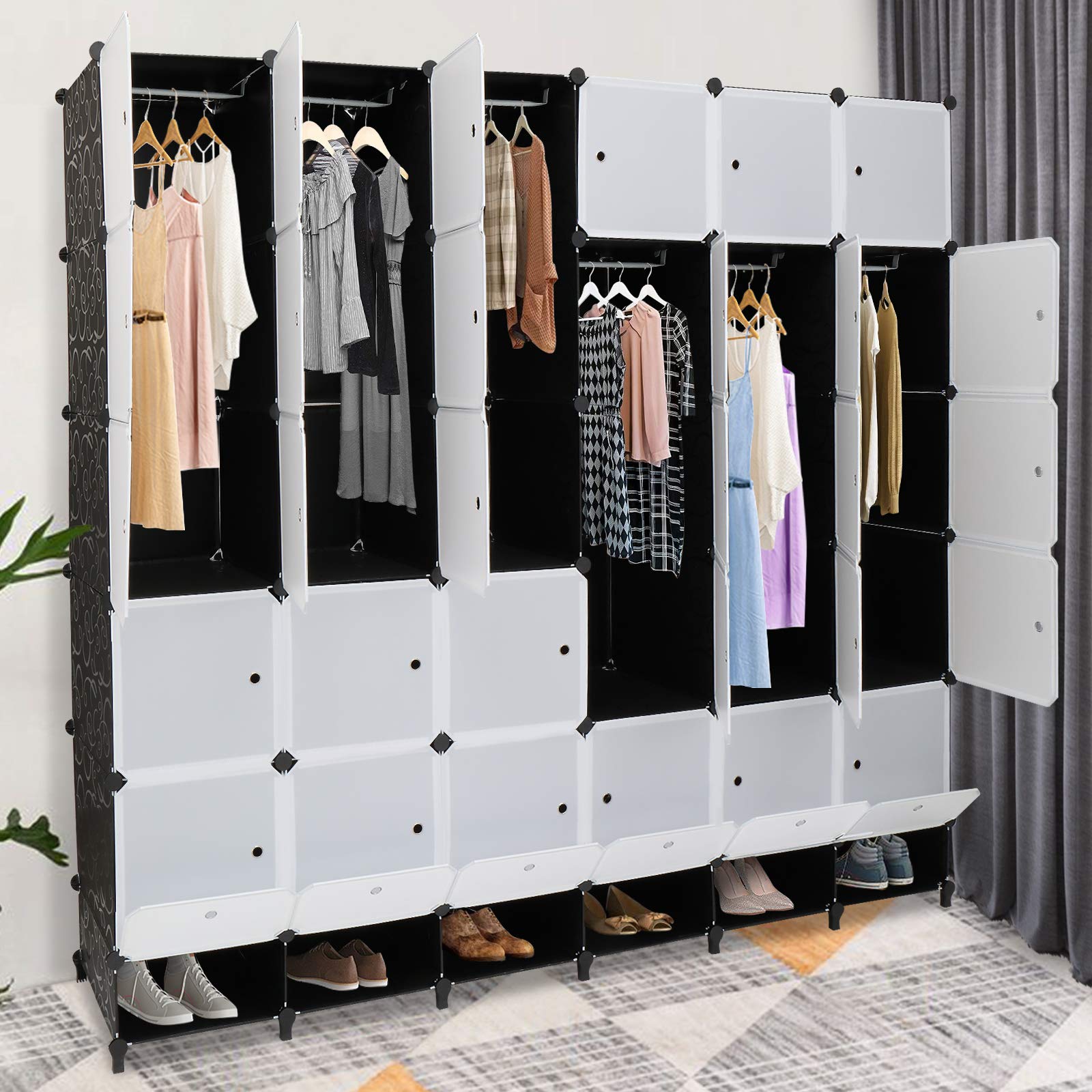 VINGLI 36-Cube Portable Closet Wardrobe with Doors & Hanging Rods - DIY Plastic Storage Organizer Shelf Unit for Bedroom, Closet, Office & Dorm Organization